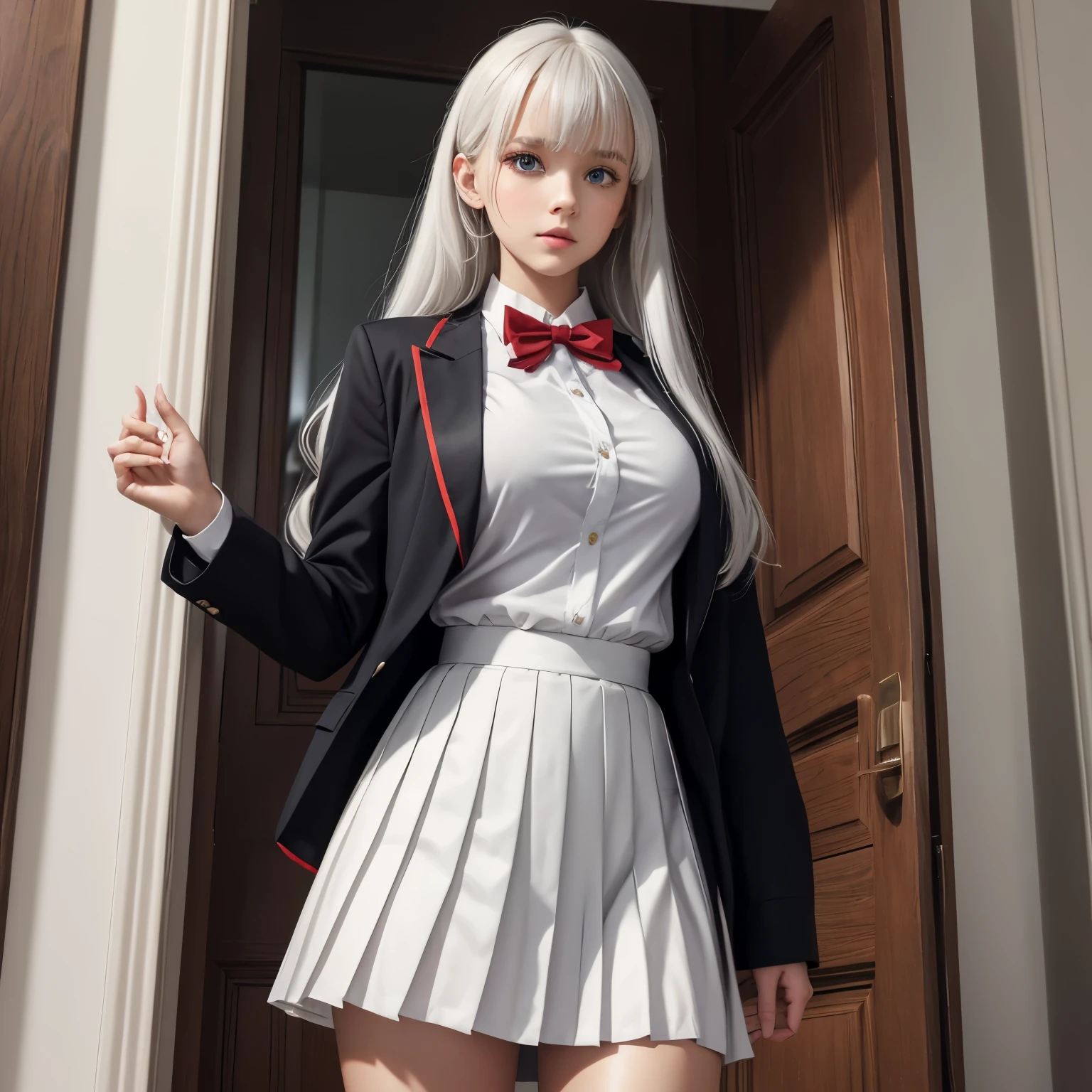 1girl, solo, long hair, blue eyes, bow, looking at viewer, red bow, jacket, bowtie, long sleeves, breasts, shirt, open jacket, red bowtie, door, cowboy shot, collared shirt, indoors, school uniform, white hair, standing, open clothes, skirt, bangs, dress, grey jacket, black dress, blush, pleated skirt, parted lips, medium breasts, pleated dress, white shirt, hair between eyes, white jacket, hand up, blazer, black skirt, thighs, open door, hallway