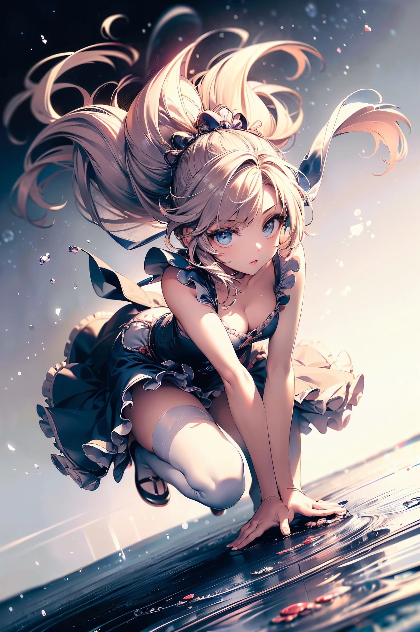 (master piece, high-quality, Mystical, ideal ratio of body proportions), (ultra high resolution, 8K RAW photo, photorealistics, natural lighting, textile shading), wideshot photo:1.6, (1 beautiful anime girl:1.3, , solo:1.5, milf:1.5, nsfw:1.25, full body:1.3), shinny skin, BREAK, ((alice in the wonderland:1.3, cuty, kawaii, lovely, funny, a girl falling down from sky:1.5, flying girl in sky:1.5, girl is floating in air:1.1, rolling up skirt by wind:1.5, (shamed:1.3), surprising, putting hands on crotch with apron:1.35)), BREAK, ((PlayingCards, Trump, tea cup, tea pot, tea spoons, small clock:1.3, lip sticks, candies:1.2, cookies, jam bottles, keys)), ((Royal-Blue dress :1.5, wearing long flaired skirt with blowing:1.3, White Apron, white stockings)), (medium long platinum-blonde hair:1.2, twin tail hair:1.6, tied hair with a large ribbon), (Blue eyes, bright pupils with highlights, detailed eyes), (lying down on your back:1.6, leaning forward:1.2, spreading legs with rising up straight:1.5), ((dutch angle:1.5, full body:1.3, ass focus:1.3, from below:1.5, unbalance posture)), cinema poster image, Exotic wallpapers, fantastic colorful art, (fantasy image:1.5), ((correct anatomy:1.5, perfect anatomy:1.3, correct hand, small foot:1.2)),