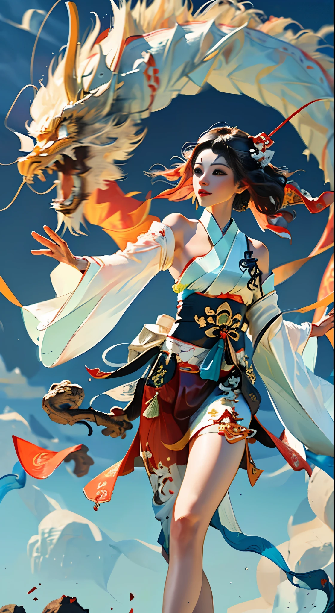 Official Art, Unified 8K Wallpapers, Ultra Detailed, Beautiful and Aesthetic, Masterpiece, Best Quality, (Zentangle, Tangle, Entangle), (fractal art: 1.4), (character center: 1.3), 1girl, black hair, Chinese, off-the-shoulders, short skirt, calf, navel, very detailed, dynamic angle, cowboyshot, (most beautiful form of chaos), ethereal, (bright colors), oc, (half: 1.2), china, (thangka flying sky: 1.5), (ribbon: 1.3), (dream: 1.5), (hanfu: 1.5), Chinese dragon, Chinese phoenix, (smile: 0.5), ( Chinese deities),