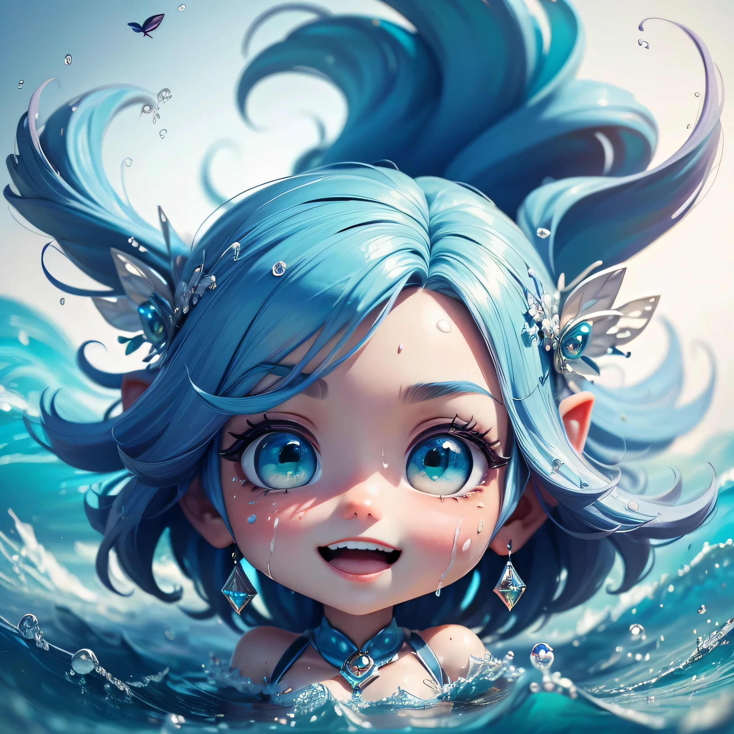 cute赤ちゃん少しアニメ、deep blue shiny swimsuit、Open your mouth and be surprised、slutty makeup、detailed face、(((chibi 3d))) (highest quality), (debris flies)、((highest quality)), ((masterpiece)), ( extreme details, best details, official art, beautiful and aesthetic:1.2), depth, 構図 whole body, cute, (beautiful and detailed eyes:1), smile, Angel, (whole body:1.5), photograph, movie lighting, golden ratio、shiny blue soap bubbles、見上げるsmileの接写、facing forward、(masterpiece、genuine、High resolution)、(1 girl):1.2)、korean girl、(highest quality), (debris flies), (1 girl), alone, dream-like、Highly detailed airbrush art(((Surgenuine))、intricate details、volume lighting、(masterpiece:1.2)、(highest quality)、The Super detailed、(moving composition:1.4)、Highly detailed colorful details with proper lighting、Atmosphere purple light production、Dynamic dark green composition、ray tracing、The mirror reflects light、depth of field is shallow、Super detailed、mixing  exposure、ticker、超masterpiece、Her eyes are a bright blue、deep blue hair、Her face is wet、A smile comes to her lips、An air full of smiles and adventurous spirit、light green after light green、Blue landscape、The light brings blue waves、A pale landscape created by swaying deep blue waves..。Her courage and determination are condensed.、Eye-catching presence。her eyes shine a blue diamond color。