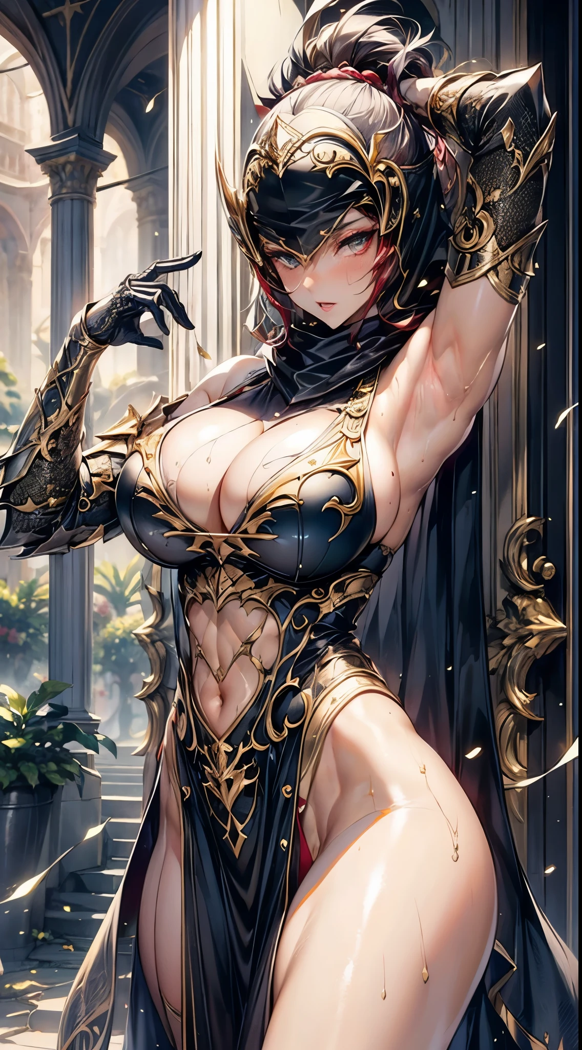 photorealistic, high resolution, 1 girl, hips up, long straight black hair, beautiful eyes, normal breast, dark souls style, armor, black hijab, black niqab, golden embroidery, ultra detailed armpit, sweaty armpit, wet, muscular,