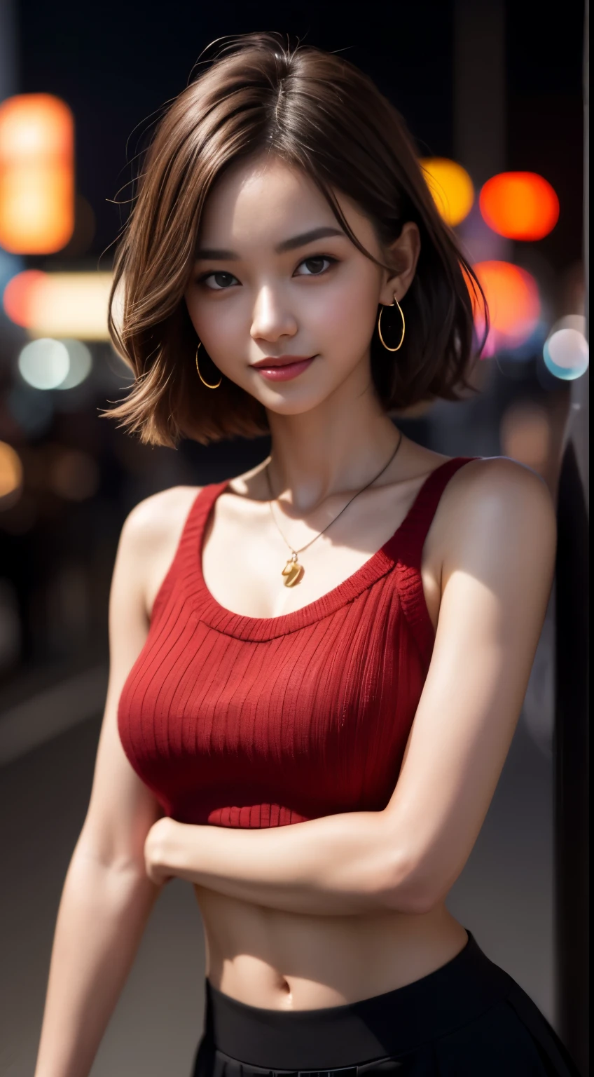 8k, masterpiece, RAW photo, best quality, photorealistic, extremely detailed CG unity 8k wallpaper, Depth of field, Cinematic Light, Lens Flare, Ray tracing, (extremely beautiful face, beautiful lips, beautiful eyes), intricate detail face, ((ultra detailed skin)) 1girl, in the dark, deep shadow, pretty asian girl, 1 girl, (very slim slender fit-muscled body:1.3), ((looking at viewer)),(big smile:1.3), (fashion city night, dark night, (neon sign), (blurred background), street night),(without people in the background:1.3), beautiful earrings, bracelets, necklace, pantyhose, clear eyes, (pale skin), (big eyes), face forward, ((upper body shot)), (looking at viewer:1.3) very slim, medium breasts, (Ultra-realistic, gazing at viewer, short skirt, (hight resolution), (8K), (ighly detailed), (Brown hair, short-hair), (Woman in red short sleeveless sweater, Show the navel), (Slim body)