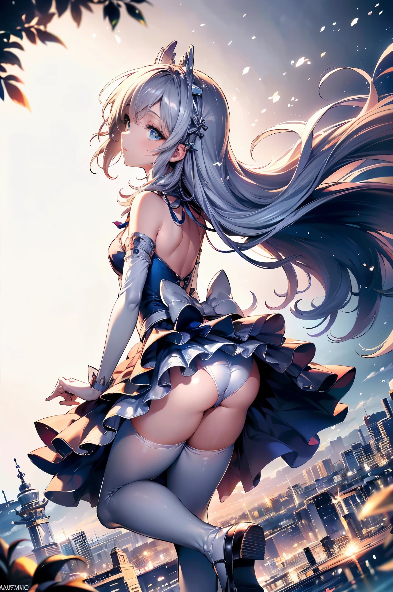 (master piece, high-quality, Mystical, ideal ratio of body proportions), (ultra high resolution, 8K RAW photo, photorealistics, natural lighting, textile shading), wideshot photo:1.6, (1 beautiful anime girl:1.3, , solo:1.5, milf:1.5, nsfw:1.25, full body:1.3), shinny skin, BREAK, ((alice in the wonderland:1.3, cuty, kawaii, lovely, funny, a girl falling down from sky:1.5, flying girl in sky:1.5, girl is floating in air:1.1, rolling up skirt by wind:1.5, (shamed:1.3), surprising, putting hands on crotch with apron:1.35)), BREAK, ((PlayingCards, Trump, tea cup, tea pot, tea spoons, small clock:1.3, lip sticks, candies:1.2, cookies, jam bottles, keys)), ((Royal-Blue dress :1.5, wearing long flaired skirt with blowing:1.3, White Apron, white stockings)), (medium long platinum-blonde hair:1.2, twin tail hair:1.6, tied hair with a large ribbon), (Blue eyes, bright pupils with highlights, detailed eyes), (lying down on your back:1.6, leaning forward:1.2, spreading legs with rising up straight:1.5), ((dutch angle:1.5, full body:1.3, ass focus:1.3, from below:1.5, unbalance posture)), cinema poster image, Exotic wallpapers, fantastic colorful art, (fantasy image:1.5), ((correct anatomy:1.5, perfect anatomy:1.3, correct hand, small foot:1.2)),