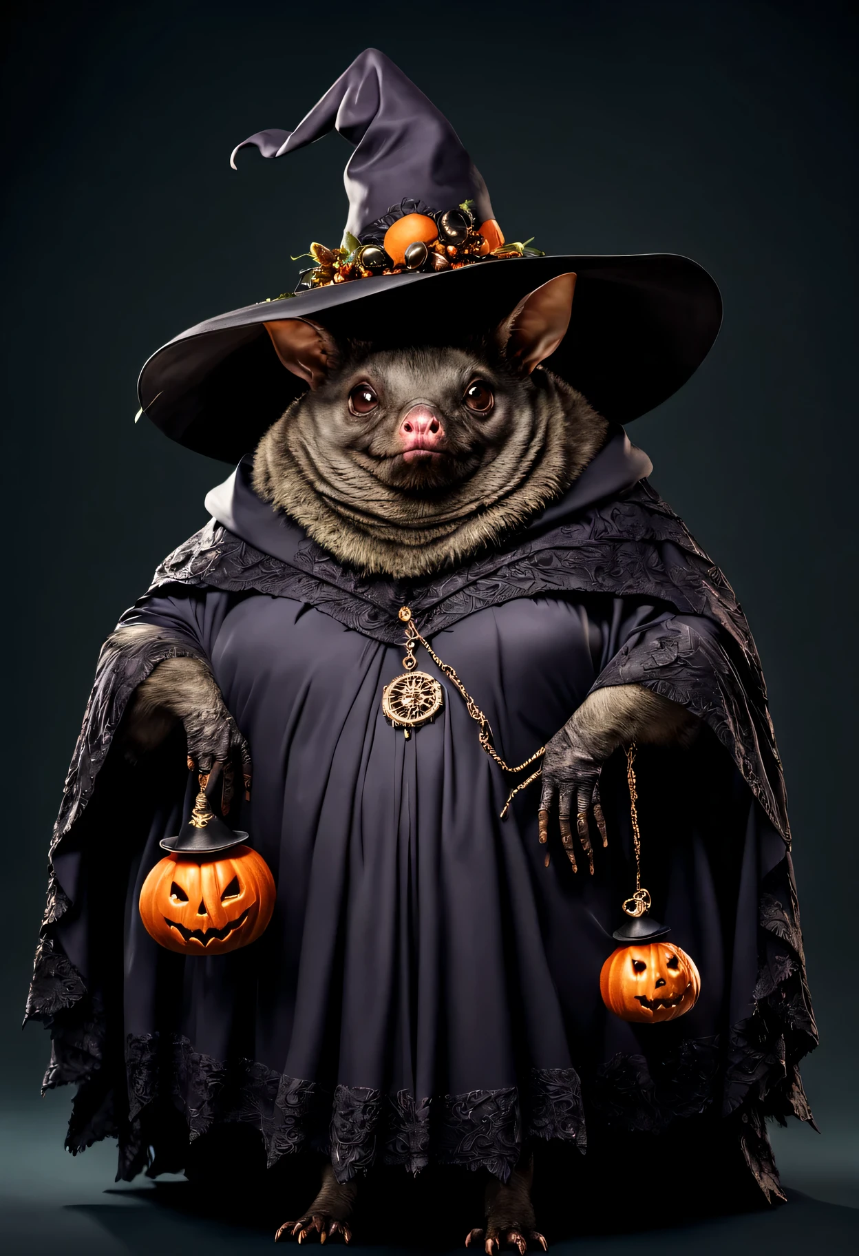 photorealistic portrait of Dressed animals - a ((fat)) bat witch,(elegant pose), high quality,(lovely) ,intricate details, highly detailed ((witch robe and hat)) ,,highly detailed decorations, , (creepy), studio lighting,(full body image:1.5)