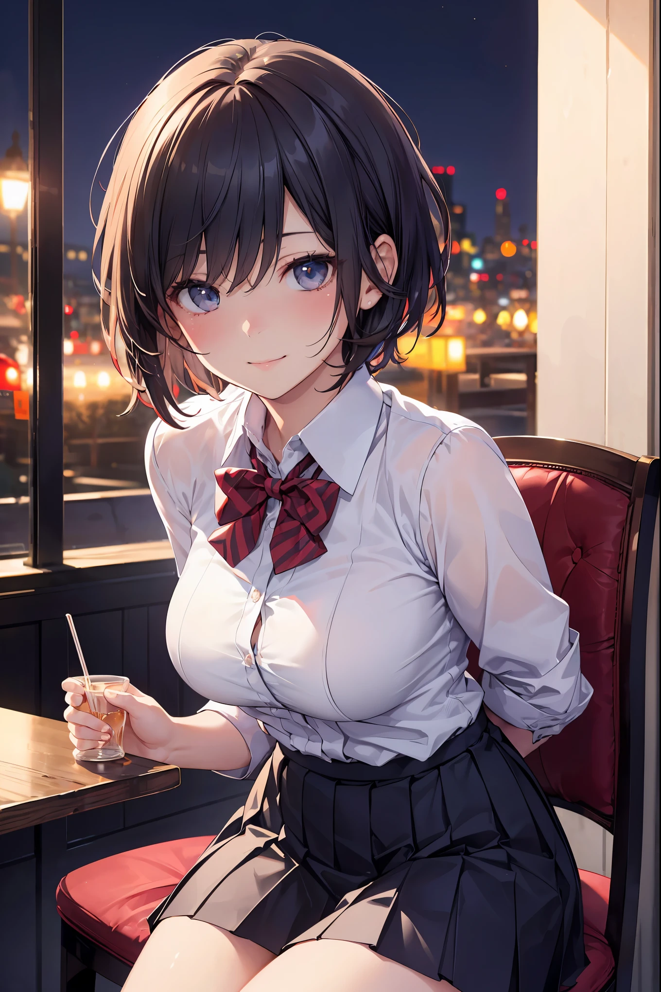 (8k, RAW photo, best quality, masterpiece:1.2), (realistic, photo-realistic:1.37), ultra-detailed,
1 girl,cute, solo,beautiful detailed sky,detailed cafe,night,sitting,dating,(nose blush),(smile:1.1),(closed mouth),large breasts, seductive smile, large aparture, professional lighting, Sony A7R4, Zessie 50mm F1.8,
medium breasts,beautiful detailed eyes,(collared shirt:1.1), bowtie,pleated skirt,(short hair:1.2),floating hair 