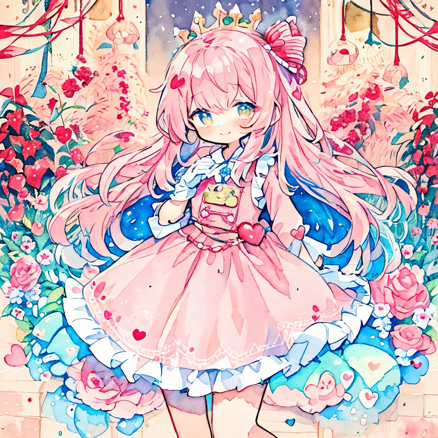 瞳孔がハートマークで虹彩が赤い:1.8,(Pastel Color: 1.5), (Cute Illustration: 1.5), (Watercolor: 1.2), one girl, White and red wavy hair, dumpling hair, hair in one piece, beautiful hair, cute composition, depth of boundaries, beautiful soft illustration, watercolor style, light red hair, heart many hearts fluffy smile Queen of Hearts Lace Gloves Red Frill Dress Volume One Piece Queen's majesty Red and Pink