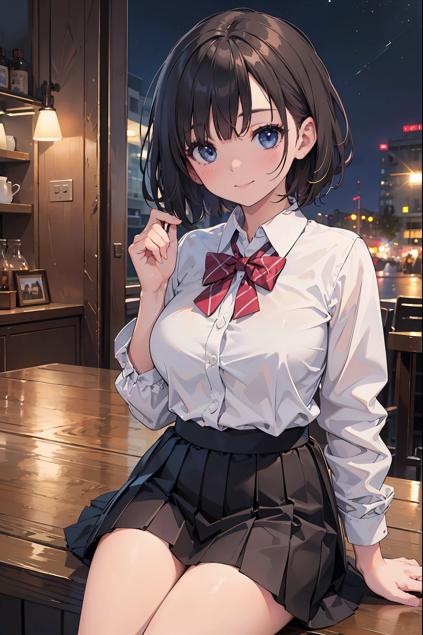 (8k, RAW photo, best quality, masterpiece:1.2), (realistic, photo-realistic:1.37), ultra-detailed,
1 girl,cute, solo,beautiful detailed sky,detailed cafe,night,sitting,dating,(nose blush),(smile:1.1),(closed mouth),large breasts, seductive smile, large aparture, professional lighting, Sony A7R4, Zessie 50mm F1.8,
medium breasts,beautiful detailed eyes,(collared shirt:1.1), bowtie,pleated skirt,(short hair:1.2),floating hair 