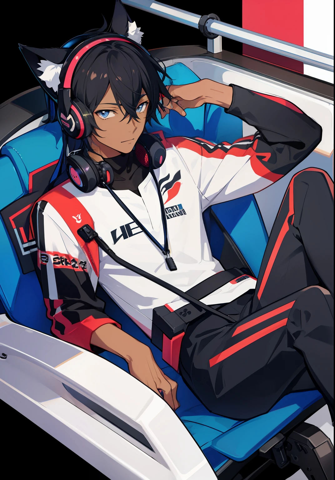 Highly detailed, Neko, Anime boy, dark skin, gaming headphones, wearing gaming clothes