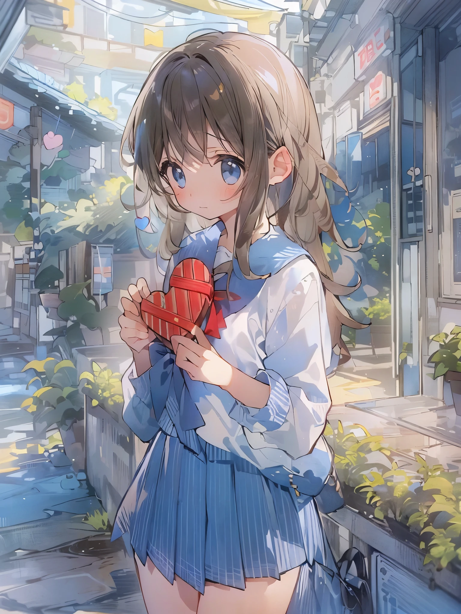 absurd, High resolution, (anime style:1.1), ((table top)), ((highest quality)), (Super detailed), (beautiful), alone, beautiful face、9. blue reflection：A woman standing in a quiet school building，Her reflection is、Blend in with the nature around her。，Creates a sense of tranquility and clarity、(school uniform:1.5)、(11 years old:1.2)、((Hand over a heart-shaped Valentine chocolate box in one hand:1.3))、(恥ずかしい:1.2)