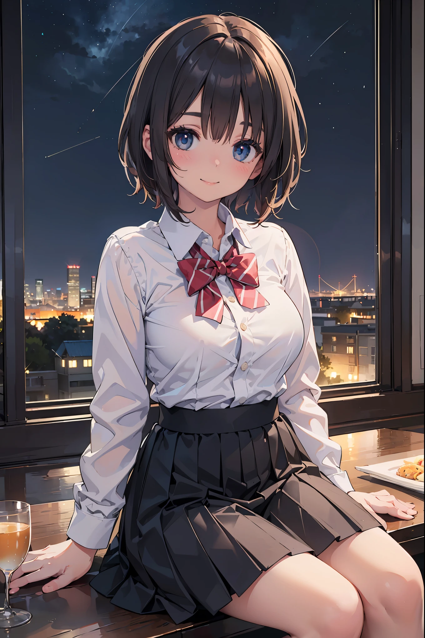 (8k, RAW photo, best quality, masterpiece:1.2), (realistic, photo-realistic:1.37), ultra-detailed,
1 girl,cute, solo,beautiful detailed sky,detailed cafe,night,sitting,dating,(nose blush),(smile:1.1),(closed mouth),large breasts, seductive smile, large aparture, professional lighting, Sony A7R4, Zessie 50mm F1.8,
medium breasts,beautiful detailed eyes,(collared shirt:1.1), bowtie,pleated skirt,(short hair:1.2),floating hair