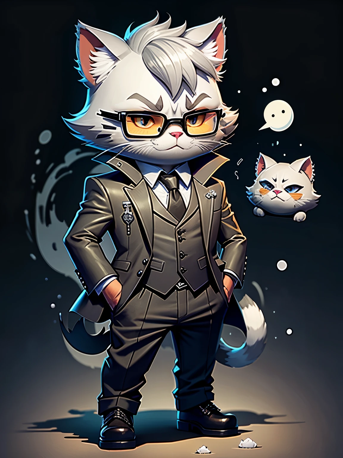 C4tt4stic, silver calico cat,cool、black business suit、glasses