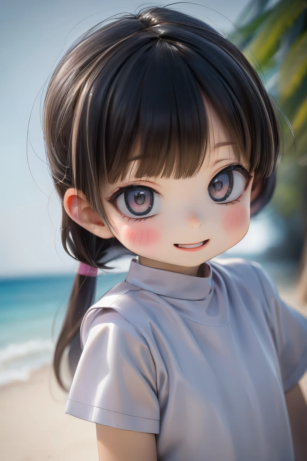 small outdoors,portrait of a full body,5years old,(( airplane)),happily laughinini cute toddler、Taken from the side、Strong bokeh、Shiba dog、sand beach