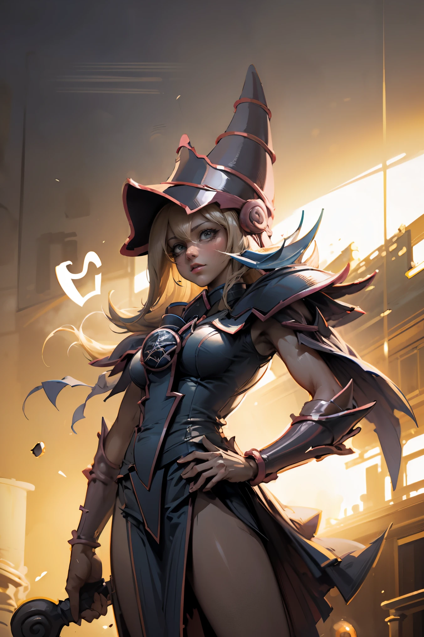(Obra maestra:1.2), (La mejor calidad:1.2), perfect lighting, Chica Maga Oscura lanzando un hechizo, En sus veinte, flotando en el aire, tetas grandes, escote, bata azul, sombrero grande, desde arriba, Destellos, Yugioh juego, magic of the heart. luces del corazon, Romantic heart