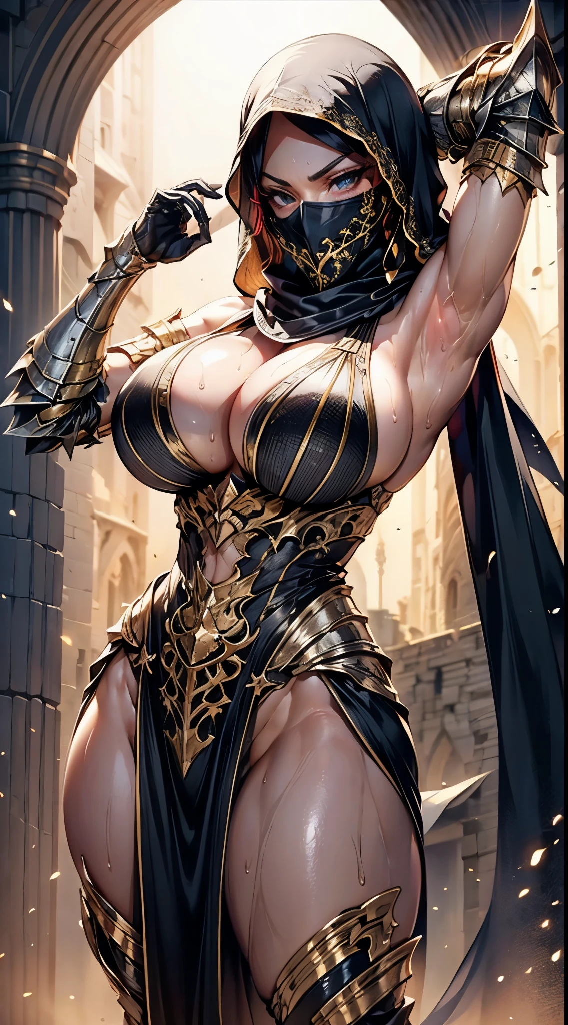 photorealistic, high resolution, 1 girl, hips up,  long straight black hair, beautiful eyes, normal breast, dark souls style, armor, black hijab, black niqab, golden embroidery, ultra detailed armpit, sweaty armpit, wet, muscular, desert castle, backlighting, 