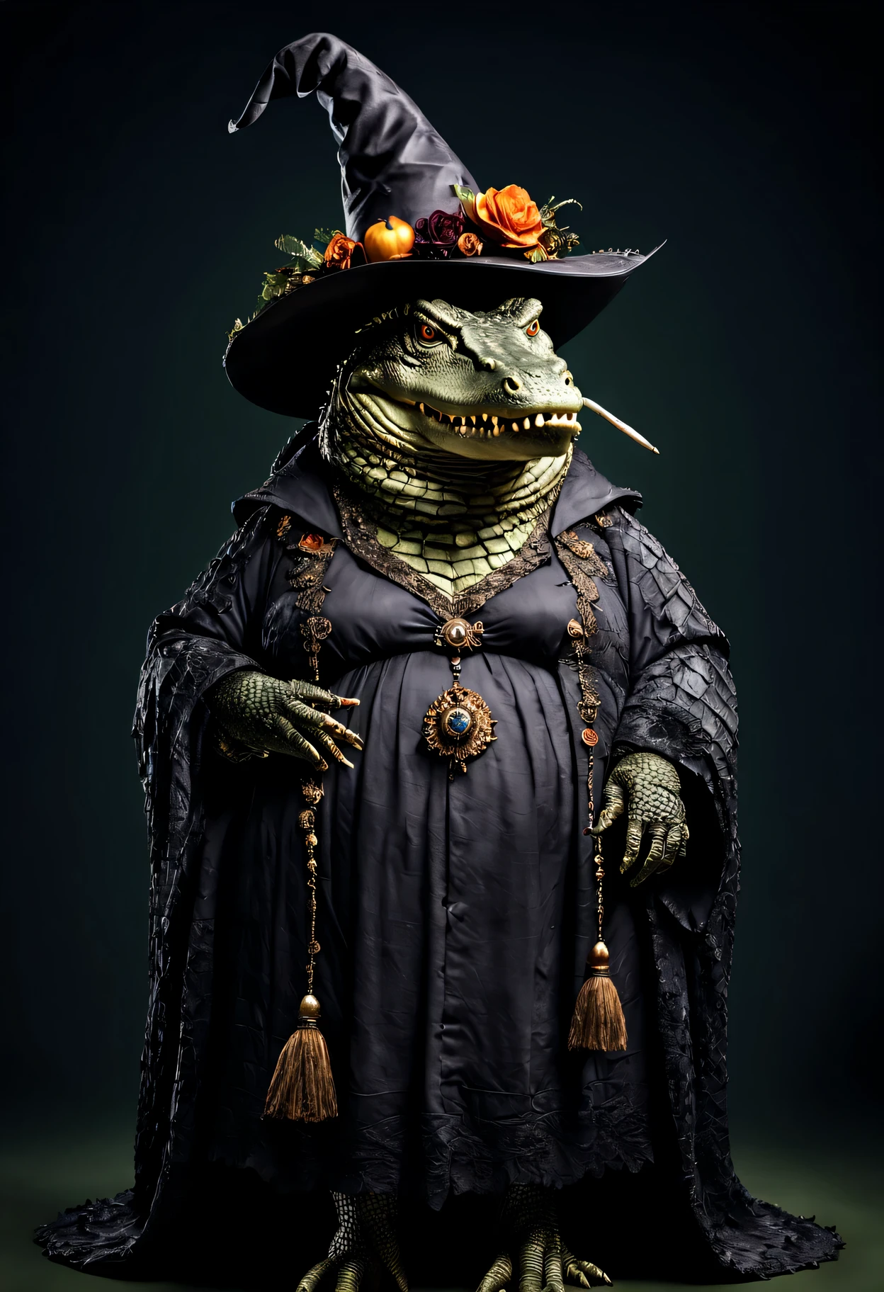 photorealistic portrait of Dressed animals - a ((fat)) crocodile witch,(elegant pose), high quality,(lovely) ,intricate details, highly detailed ((witch robe and hat)) ,,highly detailed decorations, , (creepy), studio lighting,(full body image:1.5)
