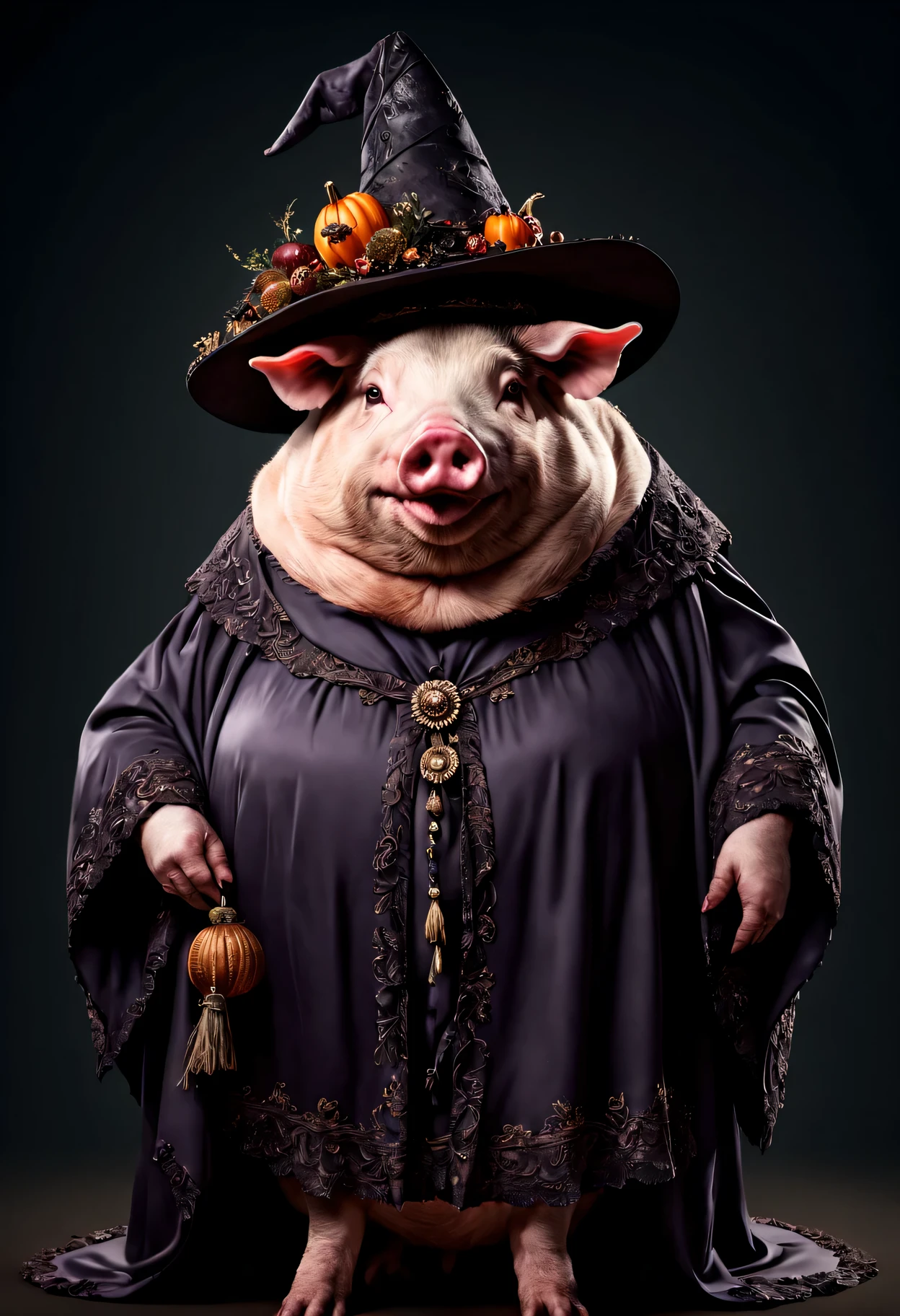 photorealistic portrait of Dressed animals - a ((fat)) pig witch,(elegant pose), high quality,(lovely) ,intricate details, highly detailed ((witch robe and hat)) ,,highly detailed decorations, , (creepy), studio lighting,(full body image:1.5)