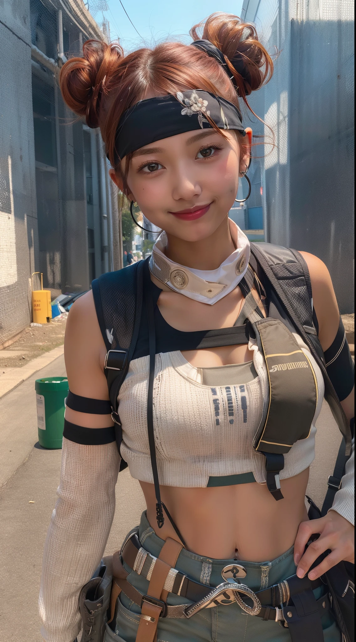 (masterpiece:1.4), (highest quality:1.2), lifeline \(apex legend\), 1 girl, black skinned female, black skin, crop top, removed sleeve, head band, pants, bun hair, Mask around the neck, redhead, Upper body、smile、blush、girl