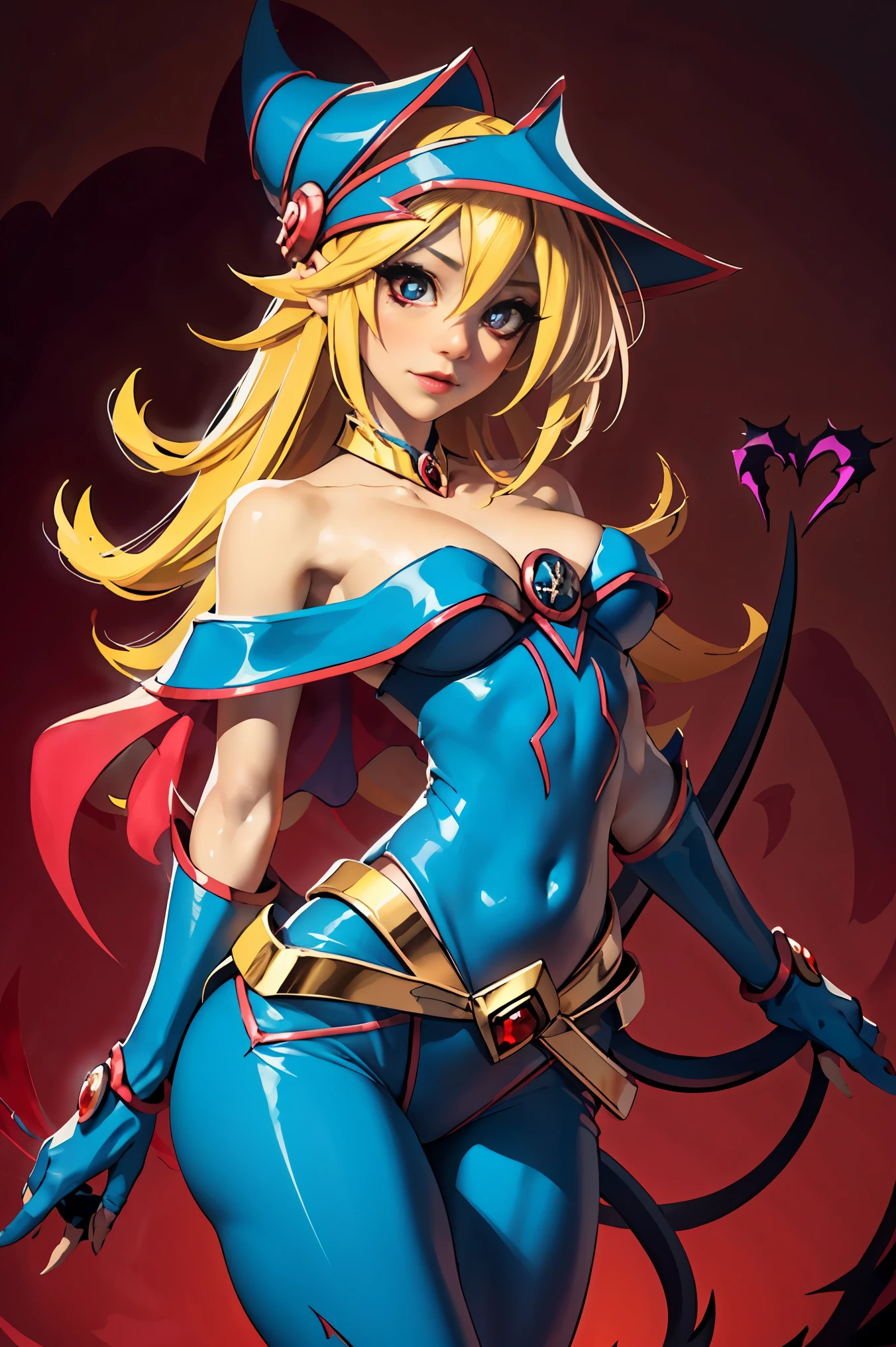 Hermosa maga oscura (obra maestra: 1.2, La mejor calidad), (1 , solamente), grandes senos, (Dynamic posture), (piel brillante, crimson red skin), crimson red skin, Dark Magician Girl Demon Version Sezy, piel roja, Guantes finos y de encaje, ( small demonic horns:1.1), (Lilith \(Darkstalkers\)), (cielo), fleco, (jewely, Adorno dorado:1.15 ), pelvis grande, azul (pantys:1.1) Dark Magician Girl Sexy Demon Version. Magic circle and magic hearts. Magical hearts