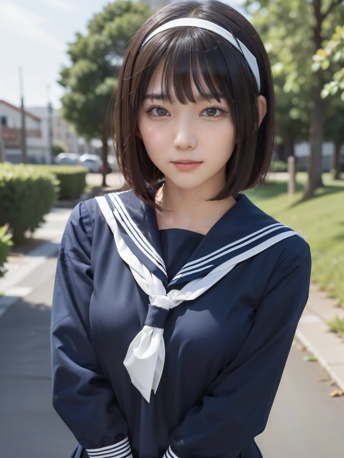 sailor suit, one woman, (a beauty woman, delicate :1.3), black hair, bob cut, 8K, highest quality, masterpiece, Super detailed, ultra high resolution, realistic, RAW photo, absolute resolution, small face compared to body, very small face, black hair, navy blue sailor uniform, Navy blue scar, High school girl in sailor suit, realistic女子高生, ((white headband)),  (white headband), small breasts, tall, slanted eyes, purple eyes, (school scenery), black stockings, bright color, open your mouth, smile,