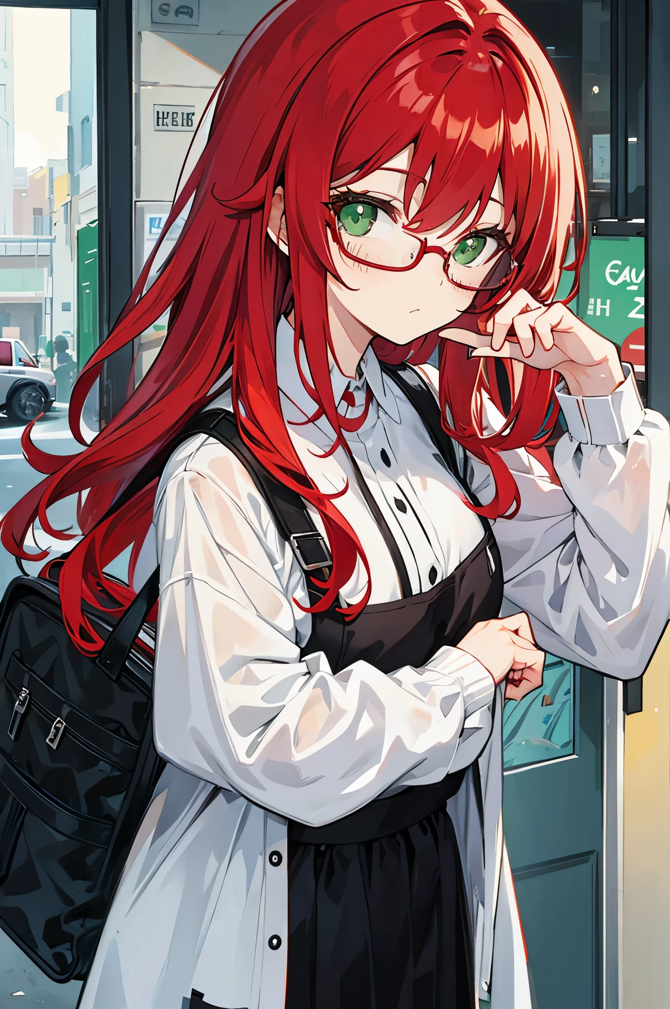 red hair，wear glasses，girl，green eyes