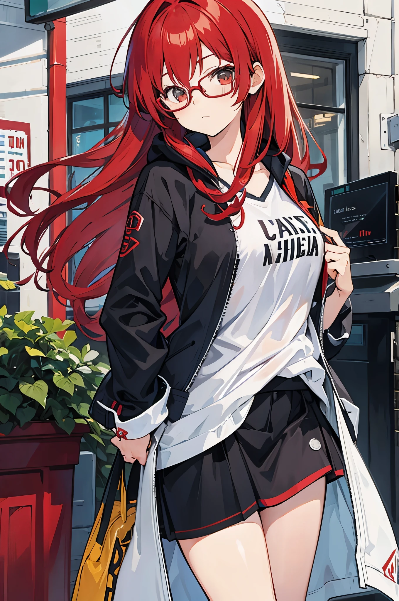 Anime girl with red hair and glasses standing in front of a building ...