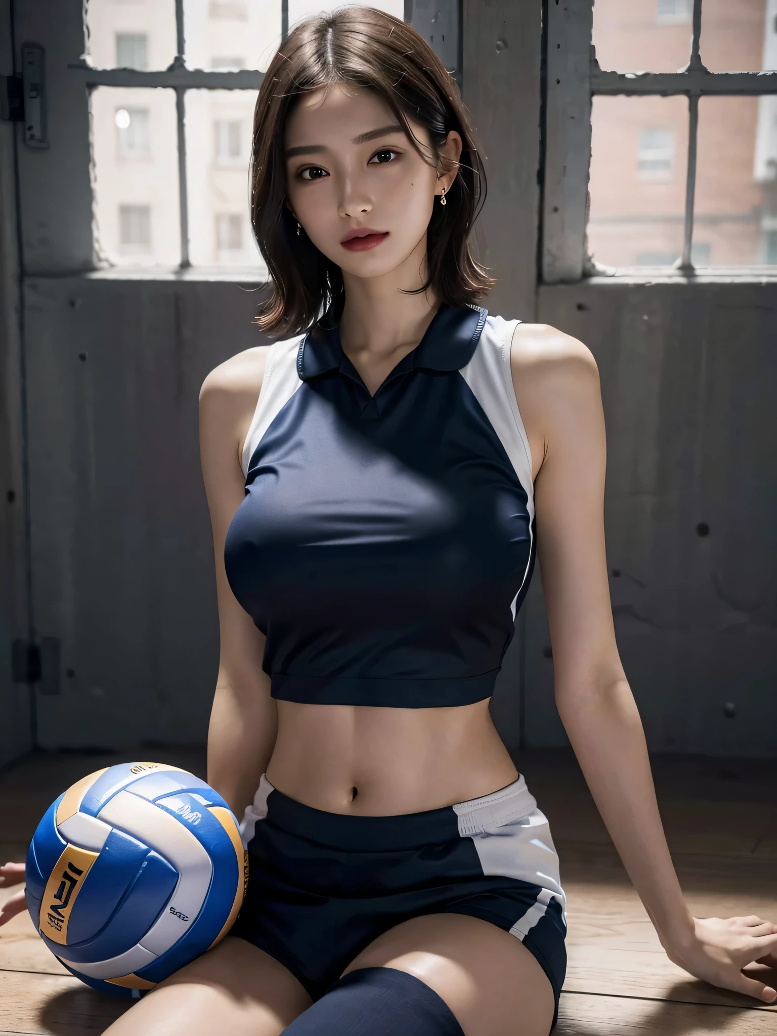 disorganized, RAW photo, very delicate and beautiful, masterpiece, highest quality, ultra high resolution, 16k, surreal, super detailed, perfect anatomy, super dense skin, perfect figure, Highly detailed CG 8k wallpaper, 20's, very slim body, (tight waist:1.1), very small head, very small face, delicate features, tearful mole, earrings, thin legs, (very huge round breasts:1.2), (full body shot:1.3), short hair, wavy hair, (volleyball uniform:1.2), abdomen, No sleeve,