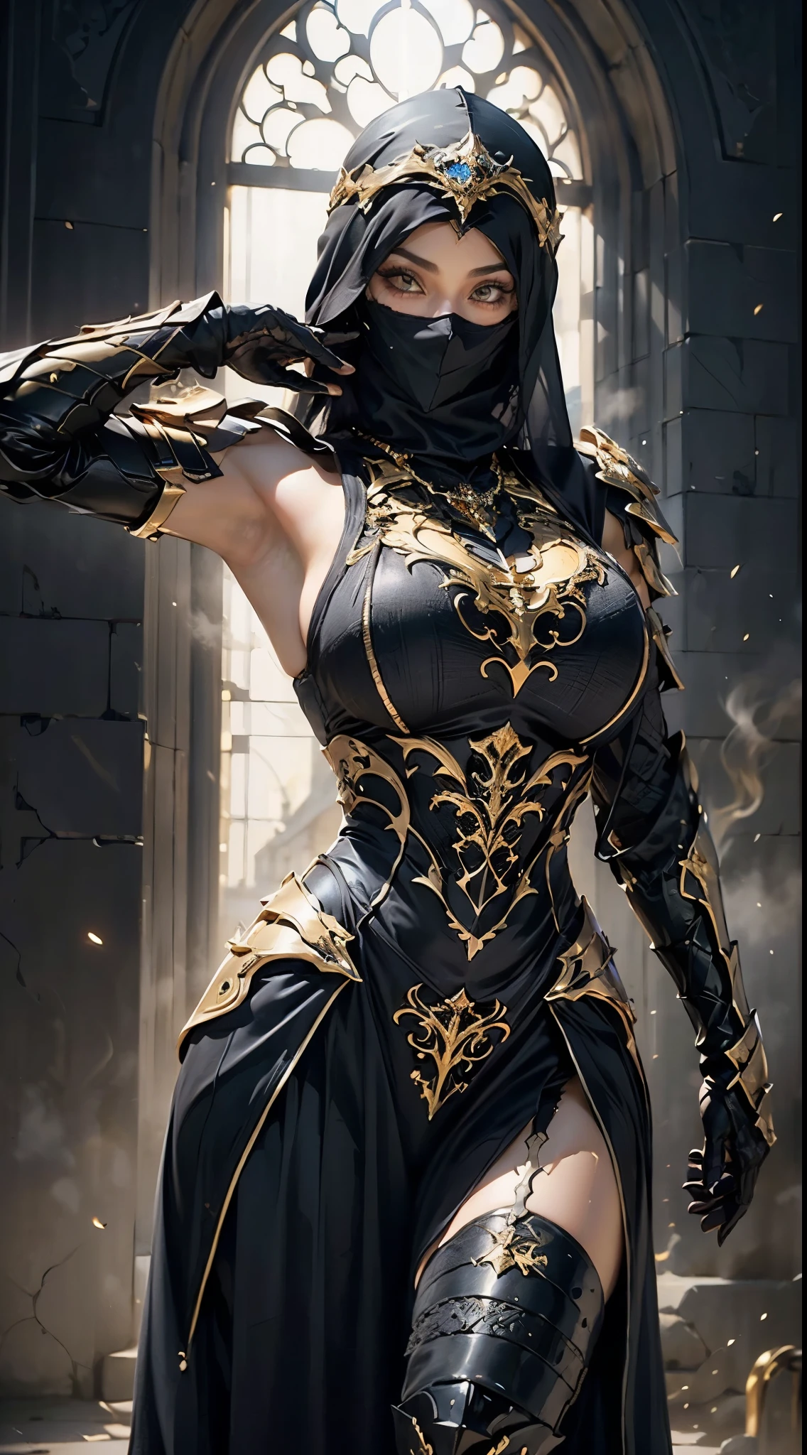 photorealistic, high resolution, 1 girl, hips up,  long straight black hair, beautiful eyes, normal breast, dark souls style, armor, black hijab, black niqab, golden embroidery, ultra detailed armpit, sweaty armpit, wet, muscular, desert castle, backlighting, 