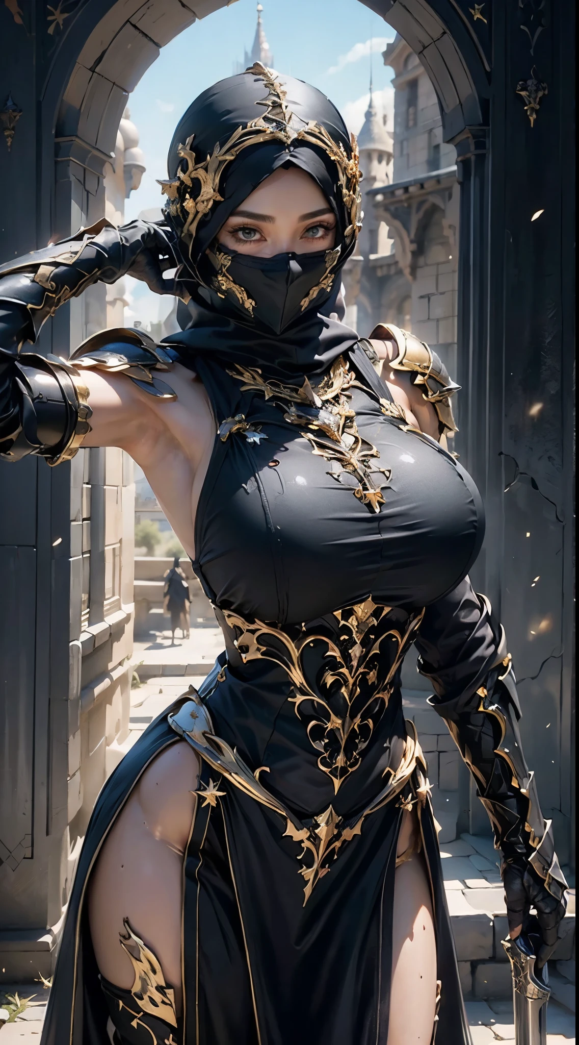 photorealistic, high resolution, 1 girl, hips up,  long straight black hair, beautiful eyes, normal breast, dark souls style, armor, black hijab, black niqab, golden embroidery, ultra detailed armpit, sweaty armpit, wet, muscular, desert castle, backlighting, 