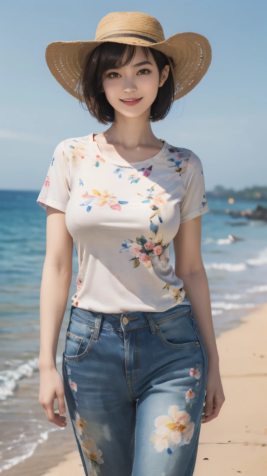 158
(Shorthair:1.46), (a 20 yo woman, standing), (A hyper-realistic), (Masterpiece), (8KUHD), (gentle smile), Slender waist, Wearing jeans, ((Floral Clothing - T-Shirts)), Wearing long pants, (abstract painting), (splash on the beach), (breasts:1.3), (口紅), panama hat