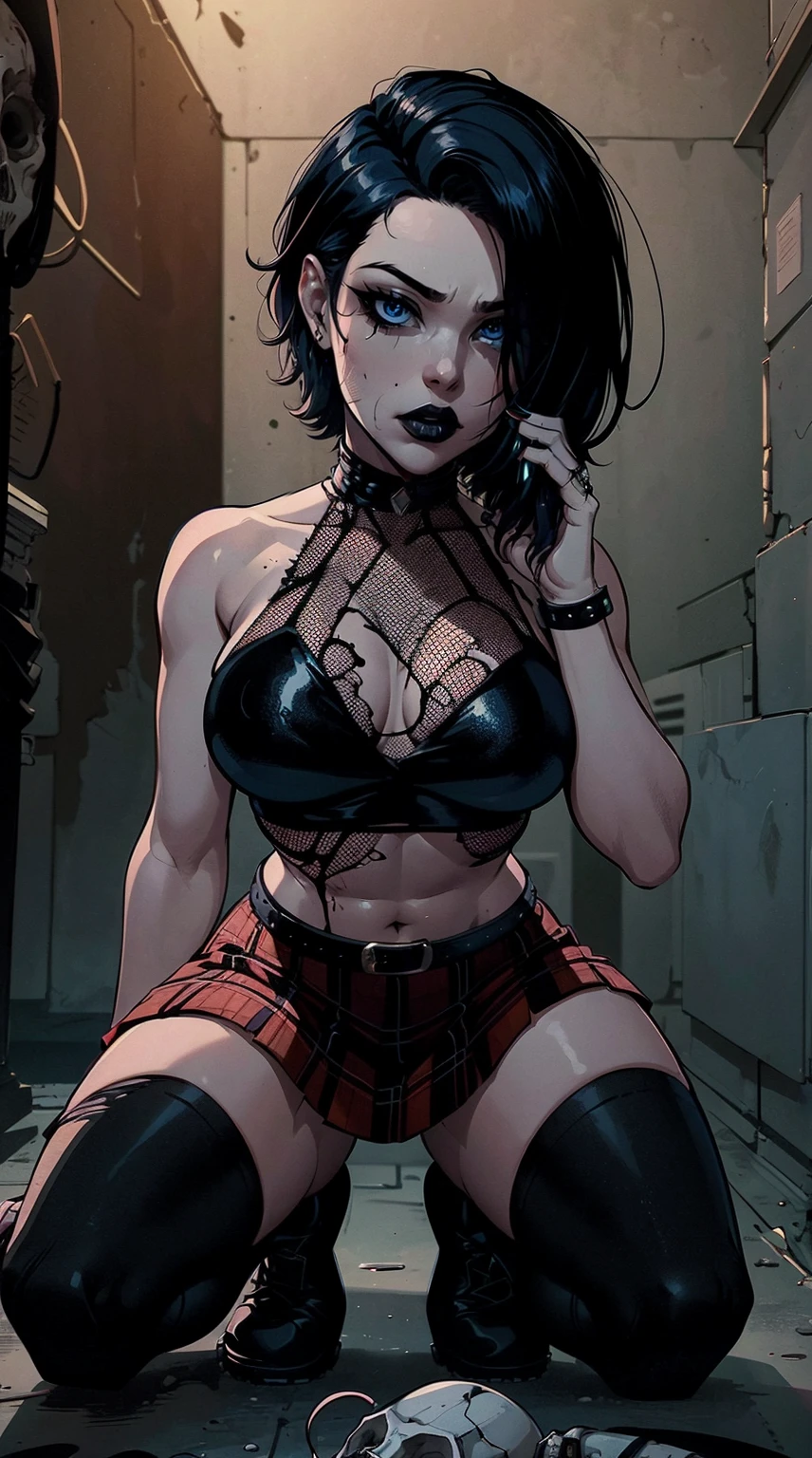 a woman with short black hair, hair on shoulders,  wearing a black cropped  and plaid skirt, blue eyes, zombie art, gothic art, cute aesthetic with vibe, toon aesthetic, wearing red costume, wearing gothic accessories, look like Cassie Hack, whole body, on his knees  ,on his knees holding a skull in his hand, zombie background