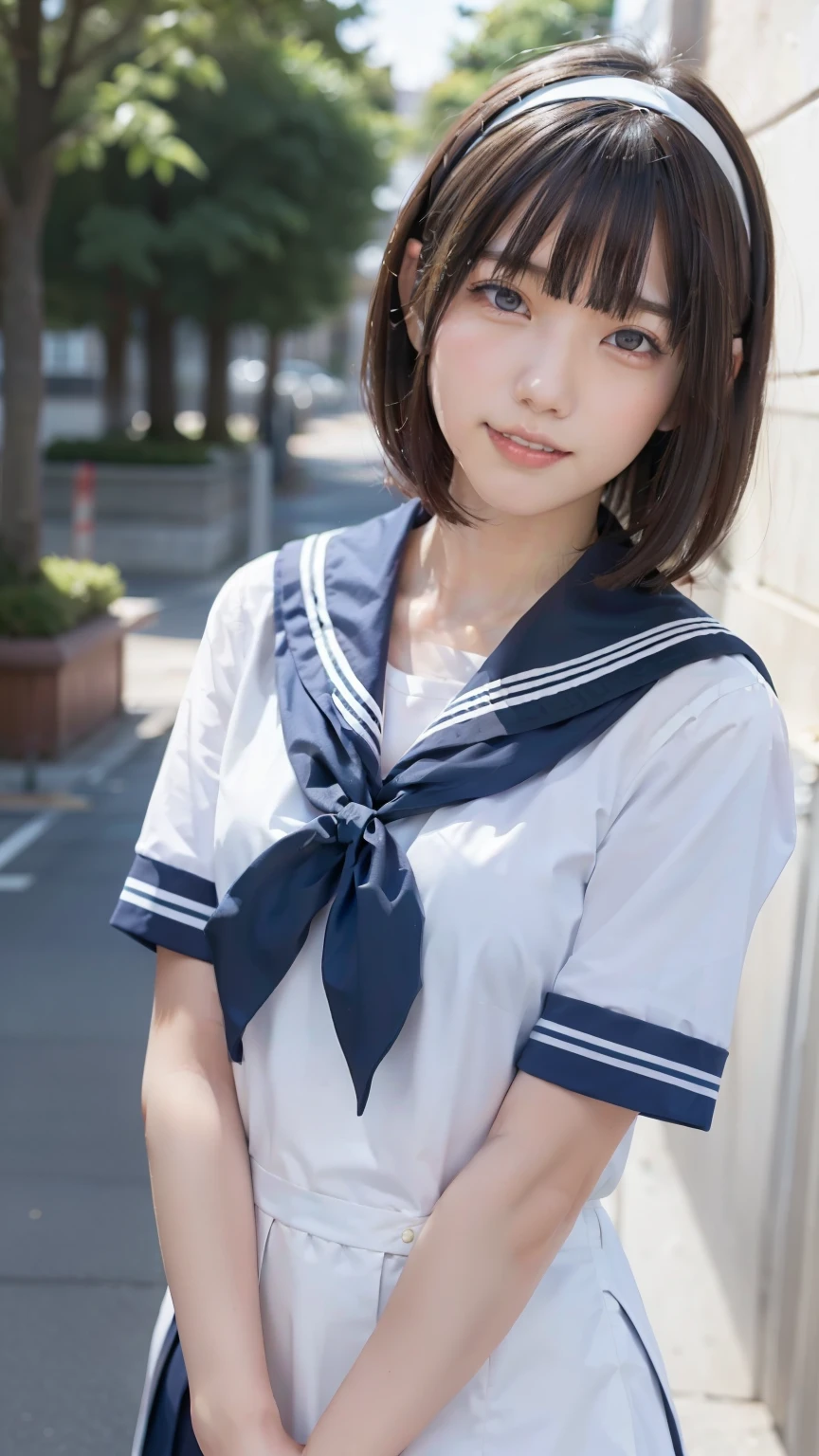 sailor suit, one woman, (a beauty woman, delicate :1.3), black hair, bob cut, 8K, highest quality, masterpiece, Super detailed, ultra high resolution, realistic, RAW photo, absolute resolution, small face compared to body, very small face, black hair, navy blue sailor uniform, Navy blue scar, High school girl in sailor suit, realistic女子高生, ((white headband)), (white headband), small breasts, tall, slanted eyes, purple eyes, (school scenery), black stockings, bright color, open your mouth, smile,