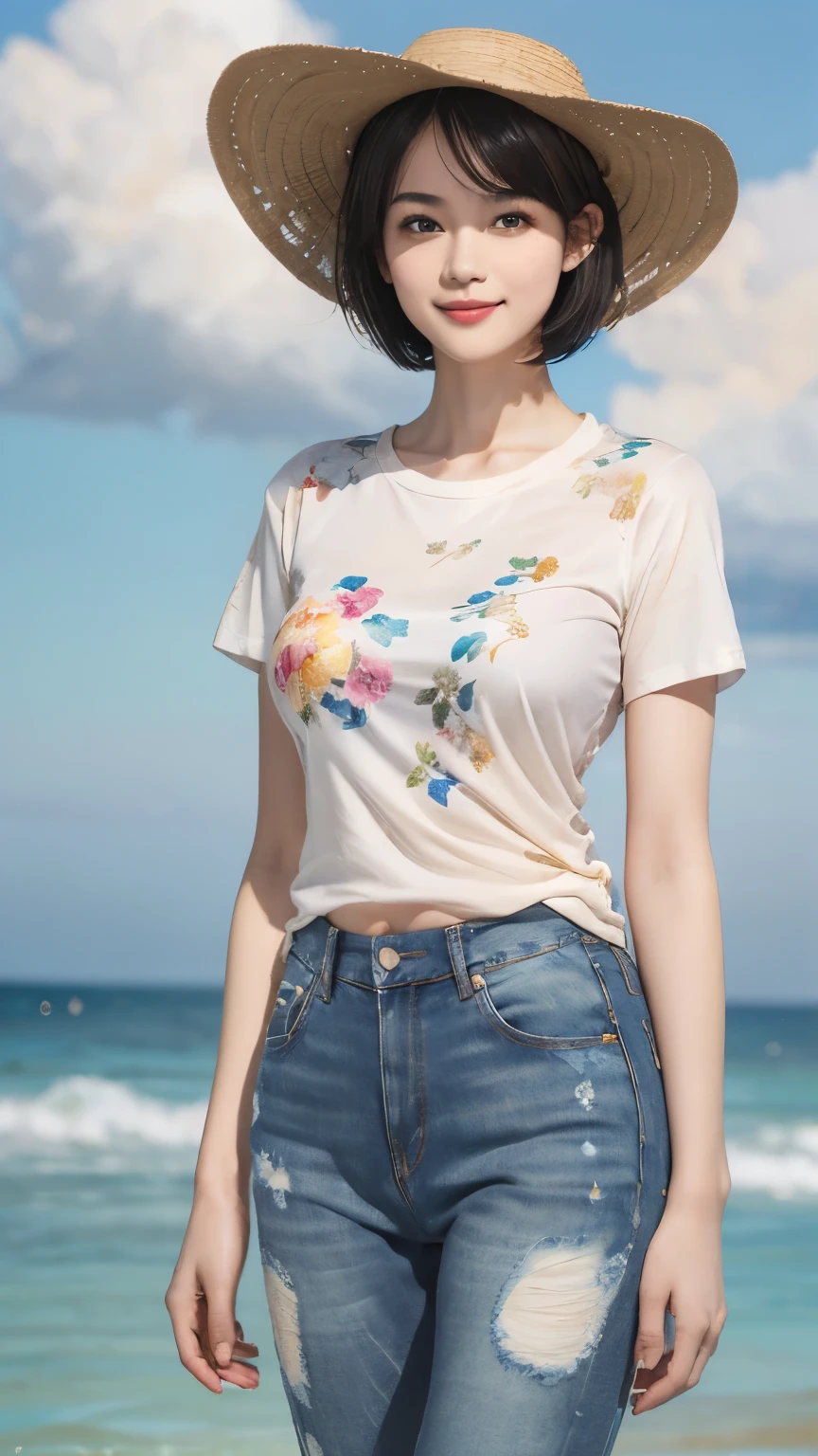 158
(Shorthair:1.46), (a 20 yo woman, standing), (A hyper-realistic), (Masterpiece), (8KUHD), (gentle smile), Slender waist, Wearing jeans, ((Floral Clothing - T-Shirts)), Wearing long pants, (abstract painting), (splash on the beach), (breasts:1.3), (口紅), panama hat