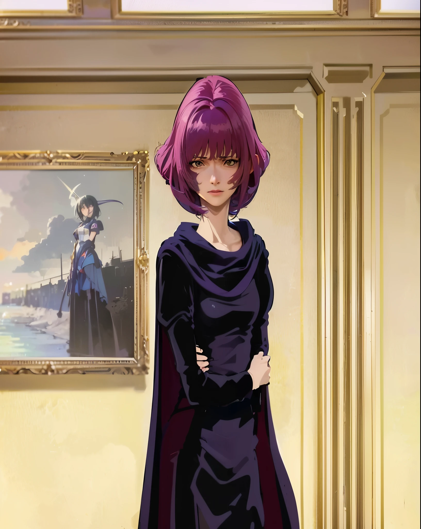 (a girl), (anime style), (Misato Katsuragi), (GAINAX), (Tsubasa Nakai's style), (Fubuki), (A-1 photo), (within an anime movie), (Mikasa), (Giovanna's day), (wearing a purple dress), (full-body purple cape), (anime character standing in a room with paintings)

(best quality, 4k, highres, masterpiece:1.2), ultra-detailed, (realistic:1.37), (vivid colors), (physically-based rendering), (sharp focus), (studio lighting)

(landscape:1.1), portraits, (horror), (sci-fi), (concept artists), (photography)

(purple color tone), (soft lighting)