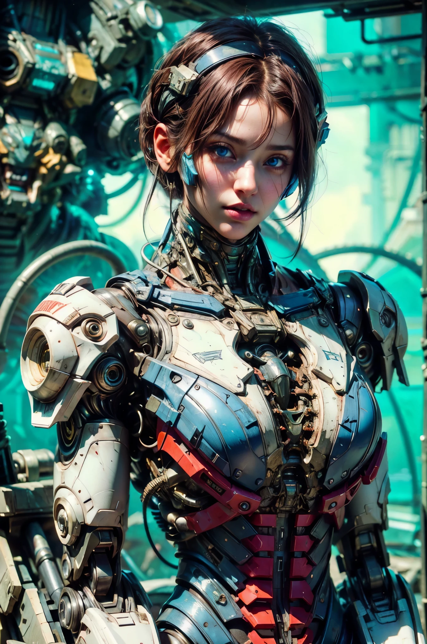 Beautiful girl in a futuristic suit, cyber armor, cyberpunk girl robot, Cyborg Girl, cute, Cyborghinoid body, perfect robot girl, brown hair, blue eyes, Portrait of a Japanese teenager, (Realistic face details), complicated details, very high details, Realistic photos, 8k, UHD, hyperspace,