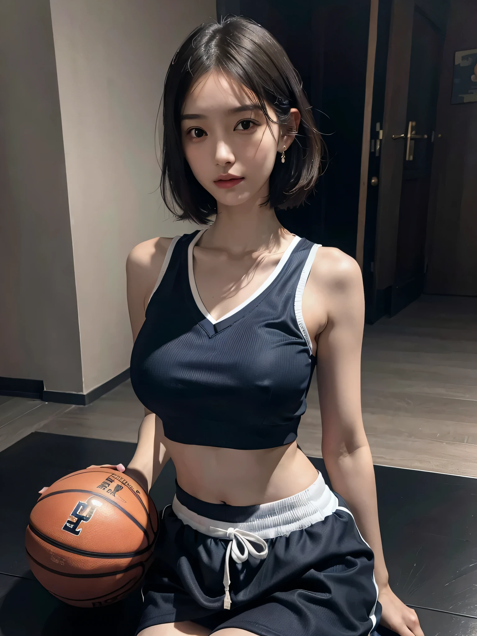disorganized, RAW photo, very delicate and beautiful, masterpiece, highest quality, ultra high resolution, 16k, surreal, super detailed, perfect anatomy, super dense skin, perfect figure, Highly detailed CG 8k wallpaper, 20's, very slim body, (tight waist:1.1), very small head, very small face, delicate features, tearful mole, earrings, thin legs, (very huge round breasts:1.3), (full body shot:1.3), short hair, wavy hair, (Basketball Uniform:1.1), abdomen, Tank top,