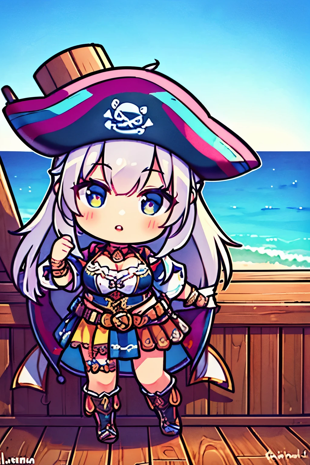 (highest quality,4K,8K,High resolution,table top:1.2),super detailed,female pirate,Haihara,pirate ship,Standing on the deck,beautiful and fine eyes,detailed lips,soft pastel colors,View all,Like a watercolor painting