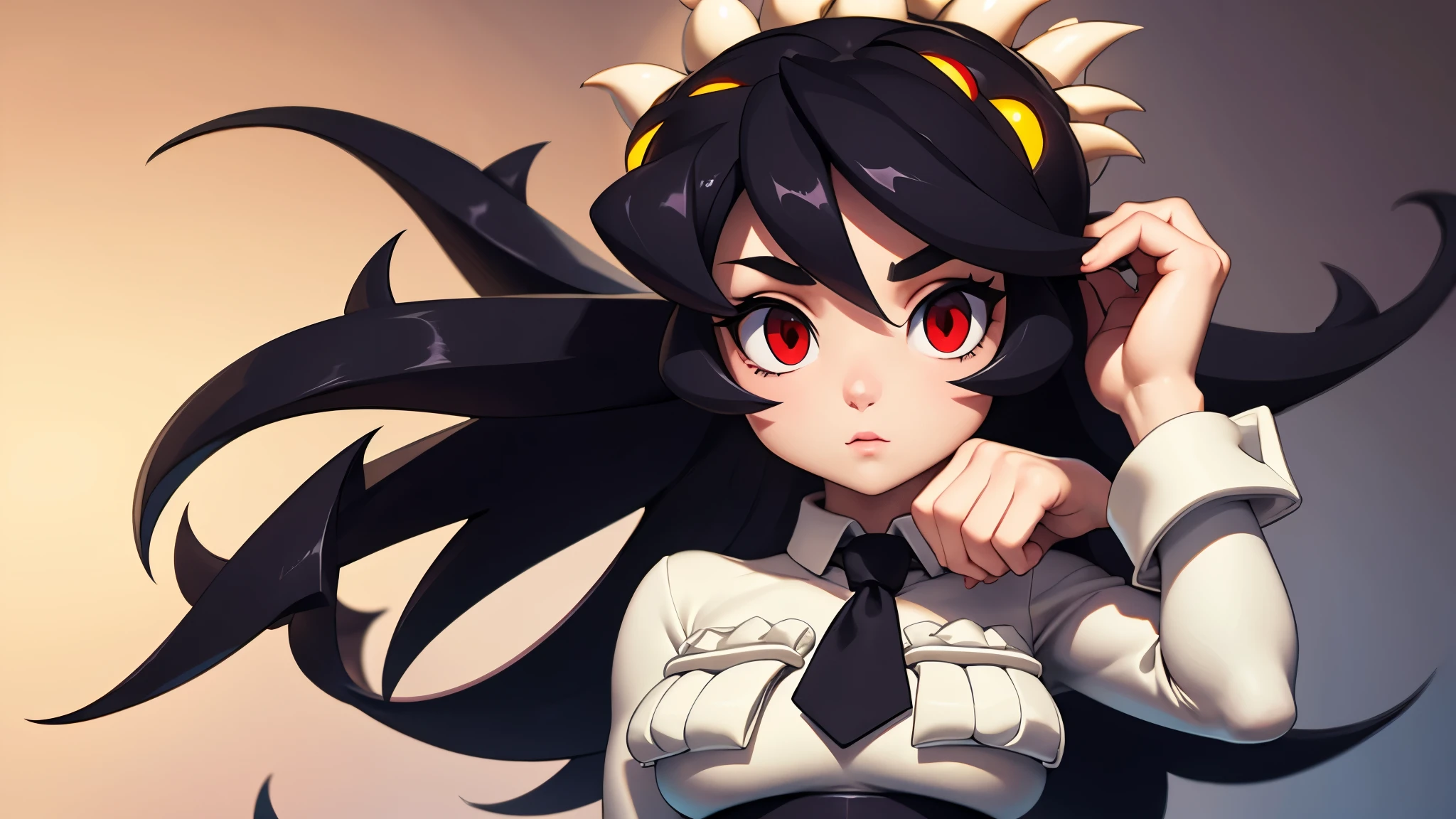 Filia, wearing a sexy black and short skirt, with black socks, brown shoes, a tiny white skirt and a tiny black tie, big breasts, wide hips, tiny waist, big thighs, big ass, long hair, detailed eyes, anatomically perfect body, long legs, feminine and beautiful hands, detailed image, detailed body, detailed hands, masterpiece, work of art,