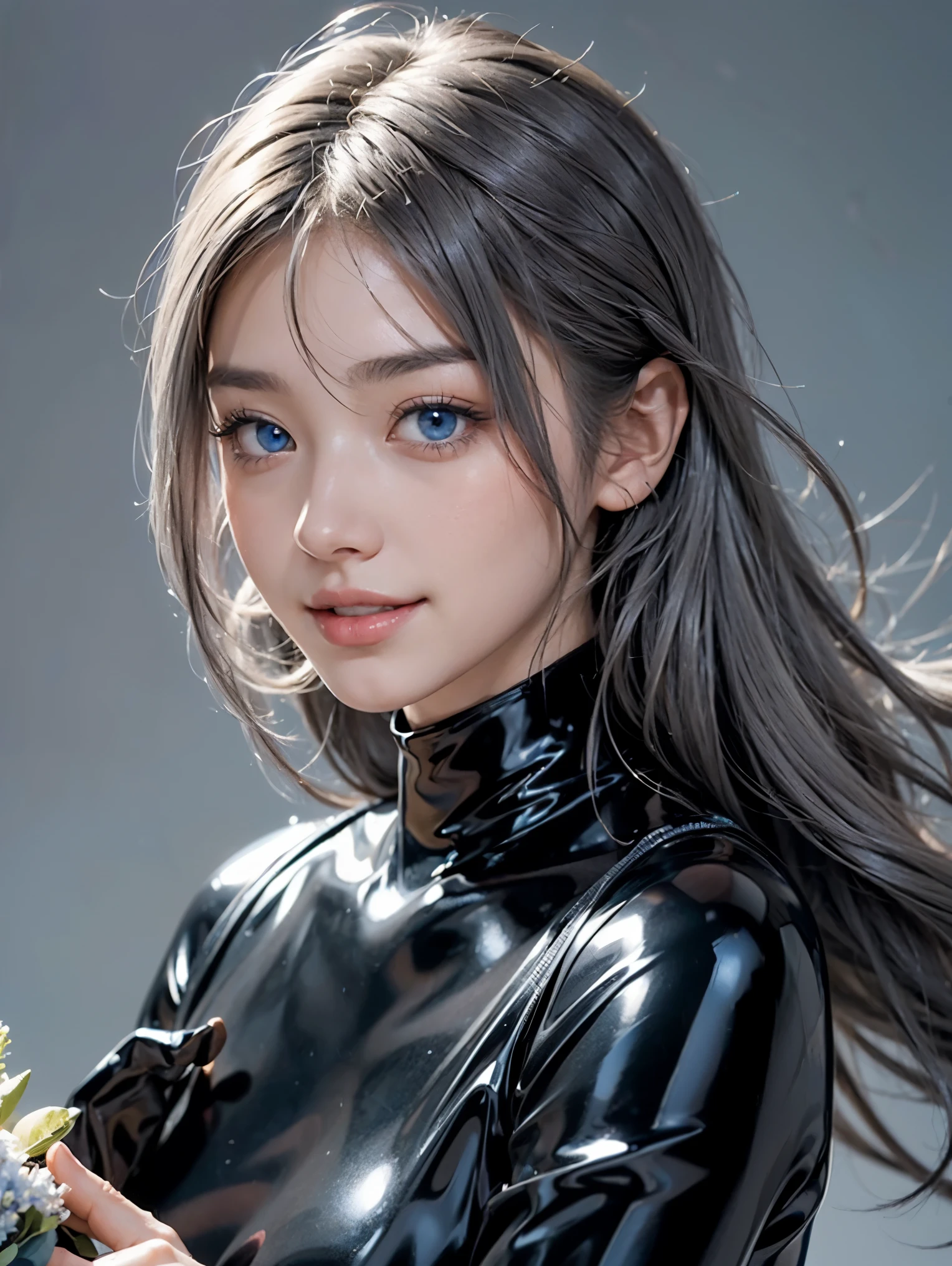 (anime:1.3), (face shot, fashion portrait:1.6), ultra detailed, beautiful, masterpiece, best quality, _ BREAK (1girl:1.2), 22 years old, 160 cm, Japanese cute model, Tightened all body, medium Breasts, small head, small face, diamond Face, small nose, Sharp Faceline, young hands and fingers, beautiful hands and fingers, five fingers, _ BREAK (Happy, smile, Glossy Lips:1.3), (Light color lips, Half open mouth, beautiful Teeth:1.2), (dropy eyes, Double eyelid, Blue eyes:1.3), _ BREAK (arranged hair:1.3), (gray hair:1.3), _ BREAK (gray background:1.4), blurry background, Fog, mist, front White lightning, _ BREAK (random angle:1.7), (standing:1.6), (Look at the viewers with an upward gaze,Hold a lot of bouquets with both hands:1.6), (black latex skinny bodysuit:1.5), (black Metallic Reflecting globe:1.4), Gloss, Reflecting, (face shot:1.3)