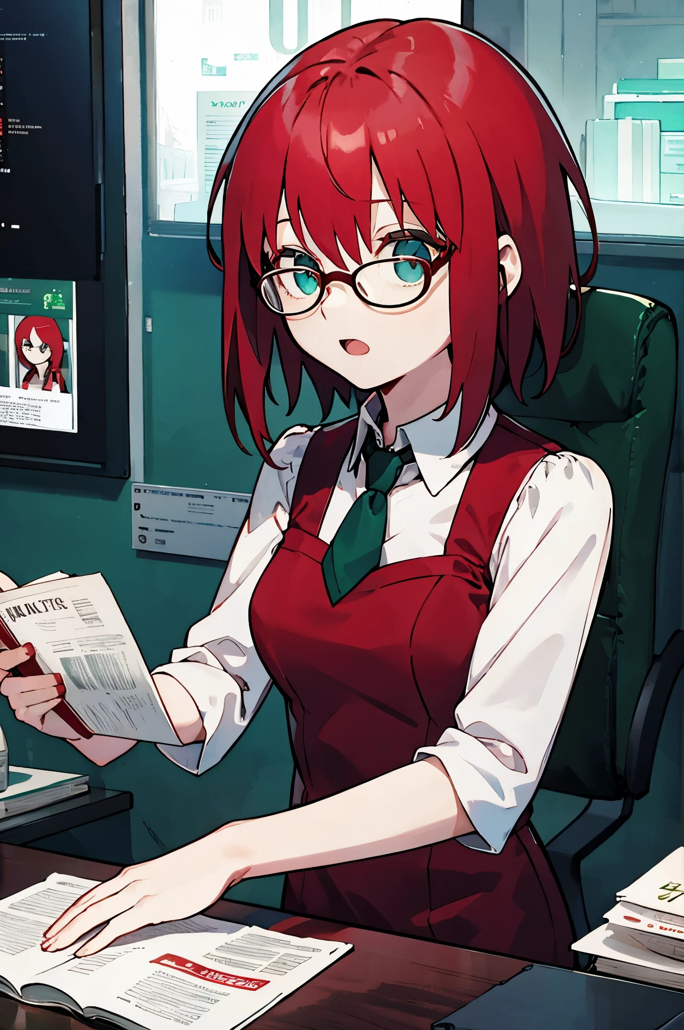 red hair，wear glasses，girl，green eyes