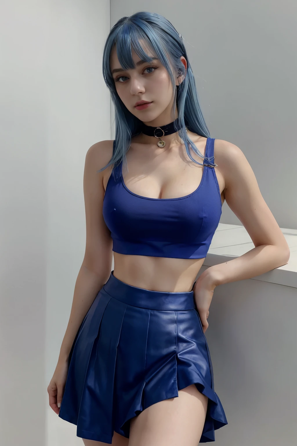 1人の女性、tmasterpiece、top-quality、The blue hair、Wear crop top choker and skirt 、Large full breasts