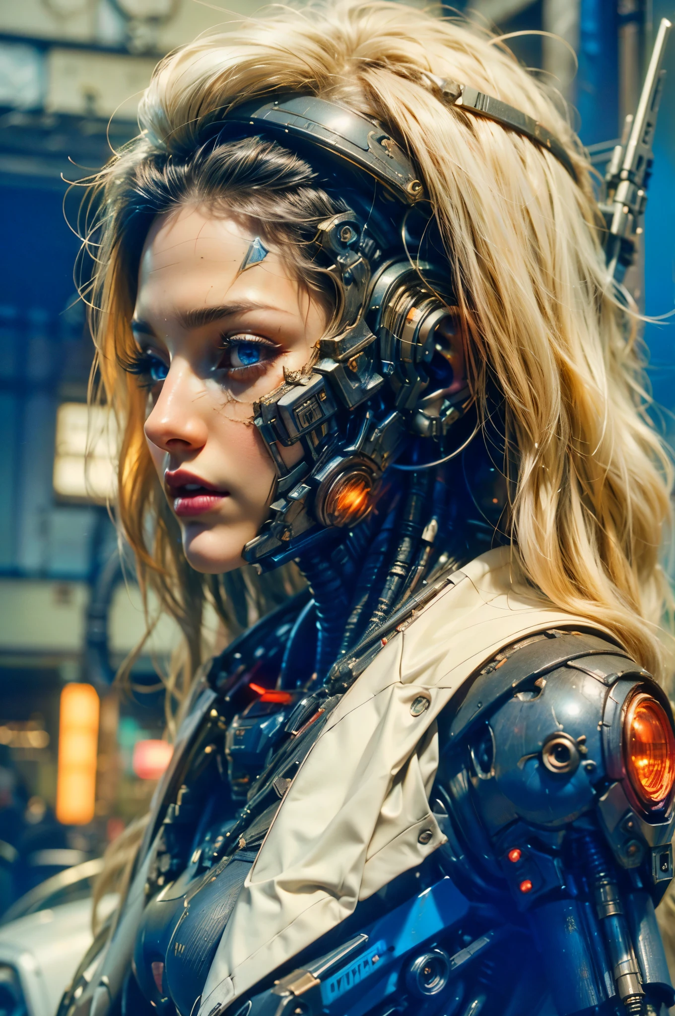 Beautiful girl in a futuristic suit, cyber armor, cyberpunk girl robot, Cyborg Girl, cute, Cyborghinoid body, perfect robot girl, white hair, blue eyes, Portrait of a Japanese teenager, (Realistic face details), complicated details, very high details, Realistic photos, 8k, UHD, hyperspace,