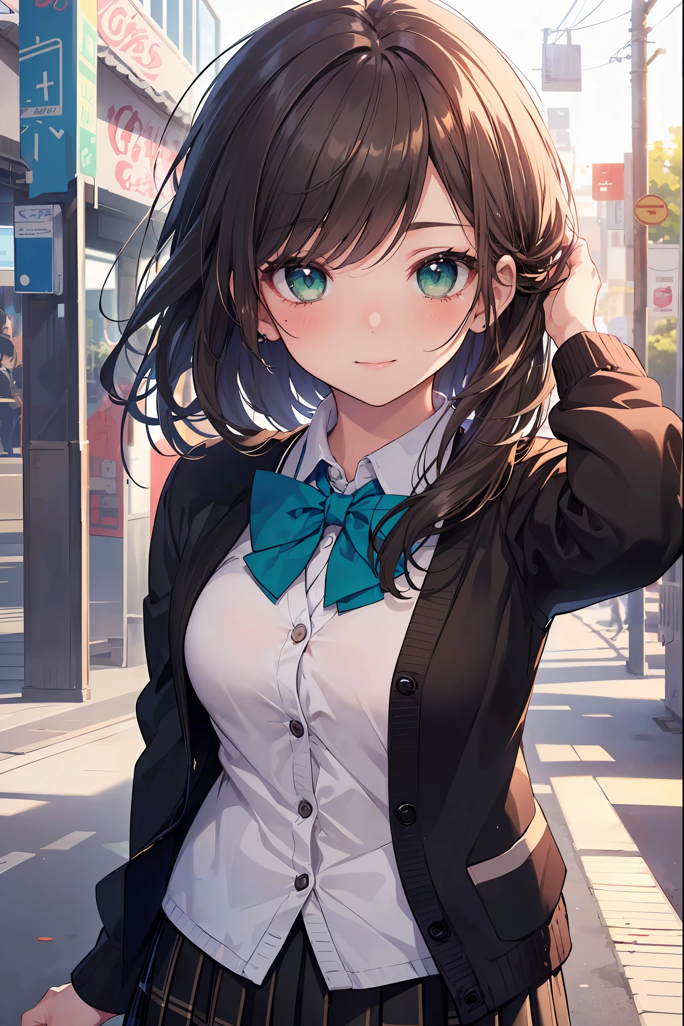 ((masterpiece, best quality, highres, UHD, perfect pixel, depth of field, 4k, RTX, HDR))), 1girl, single, solo, beautiful anime girl, beautiful artstyle, anime character, ((long hair, bangs, brown hair, curly hair:0.5)), ((green eyes:1.4, rounded eyes, beautiful eyelashes, realistic eyes)), ((detailed face, blushing:1.2)), ((smooth texture:0.75, realistic texture:0.65, photorealistic:1.1, anime CG style)), medium breasts, dynamic angle, perfect body, ((portrait, pov)), ((red bowtie, school uniform, black jacket, open jacket, brown cardigan, white shirt, black skirt, plaid skirt)), smile, hands up, amusement park