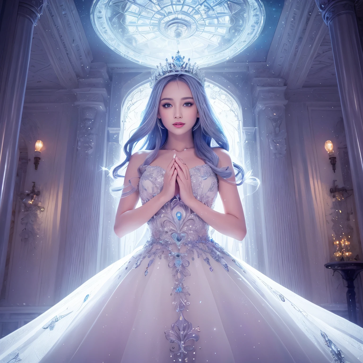 ((highest quality、table top、8K、best image quality、extremely complex and detailed depiction))、(one snow princess:1.05)、(solo:1.1)、(氷でできた宮殿にいるone snow princess:1.05)、(The most elaborate and luxurious sparkling ice palace cathedral:1.2)、(Inside the most fantastic giant palace made of ice:1.2)、(The most fantastic cathedral made of intricate glowing ice:1.2)、(beautiful transparent ice:1.1)、The background is a detailed ice palace、beautiful domed ceiling、(A palace made of intricately glowing ice:1.2)、(A symmetrical, straight-on composition:1.2)、Palace of Jewels、Inside the symmetrical palace、(very romantic:1.05)、sacred and mysterious palace、(Filled with fantastic purple and light blue light:1.1)、Beautiful shining ice、The most luxurious and highest quality giant tiara、The most luxurious and highest quality giant necklace、[big breasts]、(skin as white as snow:1.05)、glowing skin、(A glittering silver-white jeweled dress of the highest quality:1.1)、Elegant and beautiful pure white snow dress、elegant decoration、Diamond Decoration、artistic decoration、Luxury beyond imagination、the most luxurious decoration in the world、pure white makeup、Dresses that shine in silver、jewelry embellishments、Luxury beyond imagination、the most luxurious decoration in the world、Diamond dust、The most realistic and complex backgrounds、Highly detailed and realistic background、the best smile when you look at me、(beautiful snow is falling:1.05)、(Princess upper body photo:1.2)、(blurred background:1.1)、(mysterious fairy tale fog:1.15)、beautiful silver light blue hair、amazing movie lighting effects、Natural forehead、Complex and detailed background、the most delicate shine、Backgrounds with depth、low contrast、(Surrounded by a fantastic soft light:1.1)