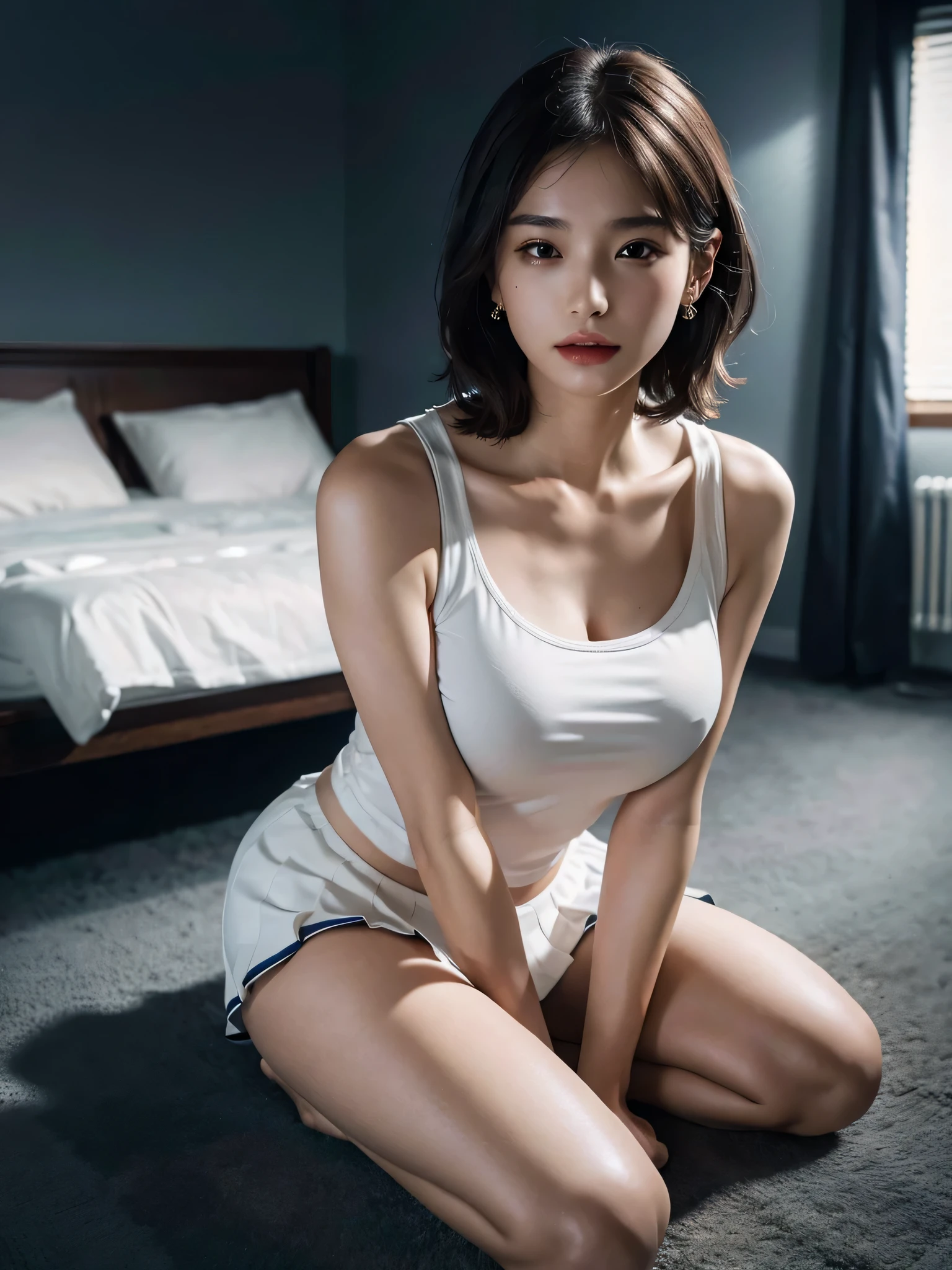 disorganized, RAW photo, very delicate and beautiful, masterpiece, highest quality, ultra high resolution, 16k, surreal, super detailed, perfect anatomy, super dense skin, perfect figure, Highly detailed CG 8k wallpaper, 20's, very slim body, (tight waist:1.1), very small head, very small face, delicate features, tearful mole, earrings, thin legs, (very huge round breasts:1.3), (full body shot:1.2), short hair, wavy hair, (tennis uniform:1.2), Tank top,