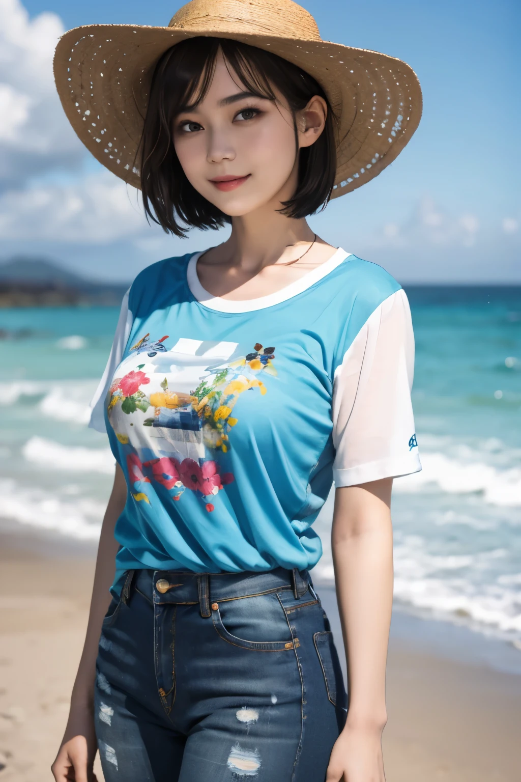 158
(Shorthair:1.46),  (a 20 yo woman, standing), (A hyper-realistic), (Masterpiece), (8KUHD), (gentle smile), Slender waist, Wearing jeans, ((Floral Clothing - T-Shirts)), Wearing long pants, (abstract painting), (splash on the beach),  (breasts:1.3), (口紅), panama hat
