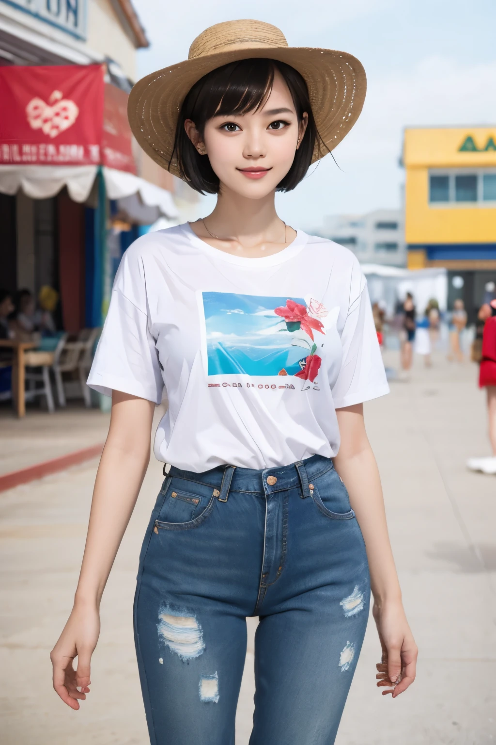 158
(Shorthair:1.46), (a 20 yo woman, standing), (A hyper-realistic), (Masterpiece), (8KUHD), (gentle smile), Slender waist, Wearing jeans, ((Floral Clothing - T-Shirts)), Wearing long pants, (abstract painting), (splash on the beach), (breasts:1.3), (口紅), panama hat