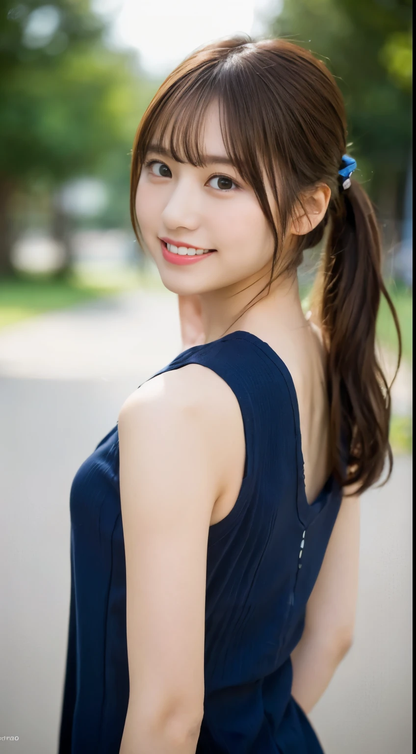 adorable, japanese girl, Straddle upright, one piece , (smile:0.7), curly hair, hair scrunchie, twin tails, (highly detailed skin), (highest quality:1.0), (Super high resolution:1.0) ,(photo-realistic:1.0), (super detailed:1.0), (8K, RAW photo:1.1)