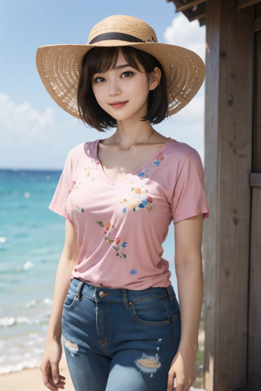 158
(Shorthair:1.46), (a 20 yo woman, standing), (A hyper-realistic), (Masterpiece), (8KUHD), (gentle smile), Slender waist, Wearing jeans, ((Floral Clothing - T-Shirts)), Wearing long pants, (abstract painting), (splash on the beach), (breasts:1.3), (口紅), panama hat
