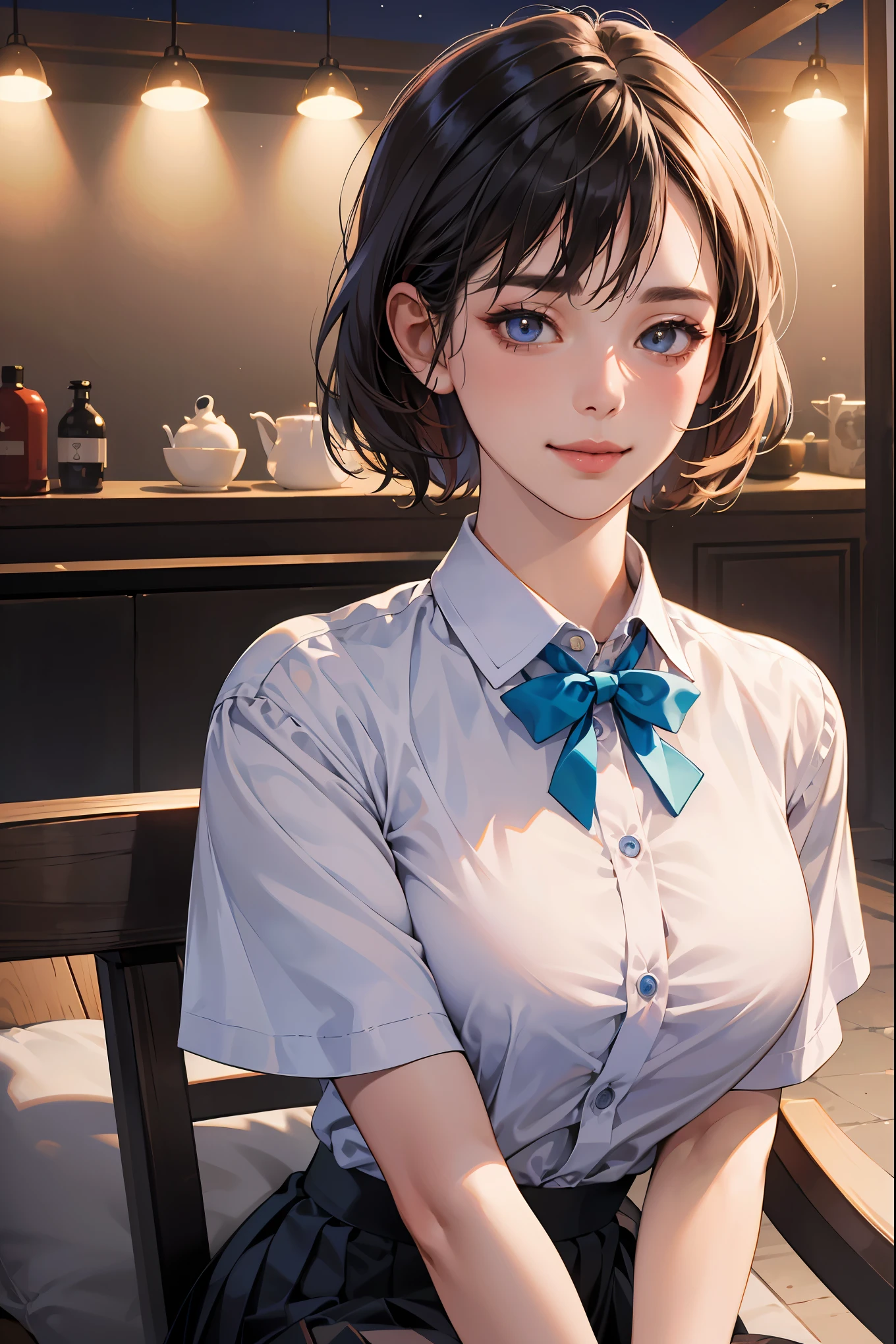 (8k, RAW photo, best quality, masterpiece:1.2), (realistic, photo-realistic:1.37), ultra-detailed,
1 girl,cute, solo,beautiful detailed sky,detailed cafe,night,sitting,dating,(nose blush),(smile:1.1),(closed mouth),large breasts, seductive smile, large aparture, professional lighting, Sony A7R4, Zessie 50mm F1.8,
medium breasts,beautiful detailed eyes,(collared shirt:1.1), bowtie,pleated skirt,(short hair:1.2),floating hair 