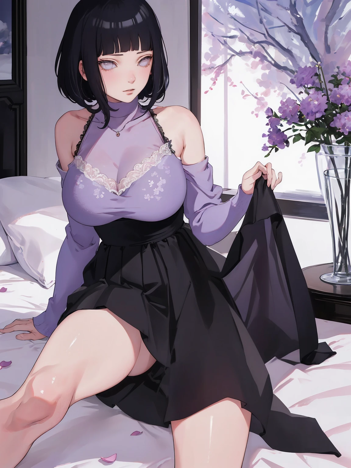 { - anatomy error} (Masterpiece - Ultra-detailed, very high resolution) (huge titusty, masterpiece, absurdres, hinata\(boruto\), 1girl, solo,mature female, off-shoulder bra, high waist black short skirt, looking at viewelling petals), perfect composition, detailed lips, big breast, beautiful face, body propotion, blush, (pink lips), short hair, (black hair), purple eyes, soft gaze, super realistic, detailed, photoshoot, realistic face and body, closed mouth, sitting on the bed , lilac eyes, full body, lace clothes, with chin resting on shoulder, perfect fingers